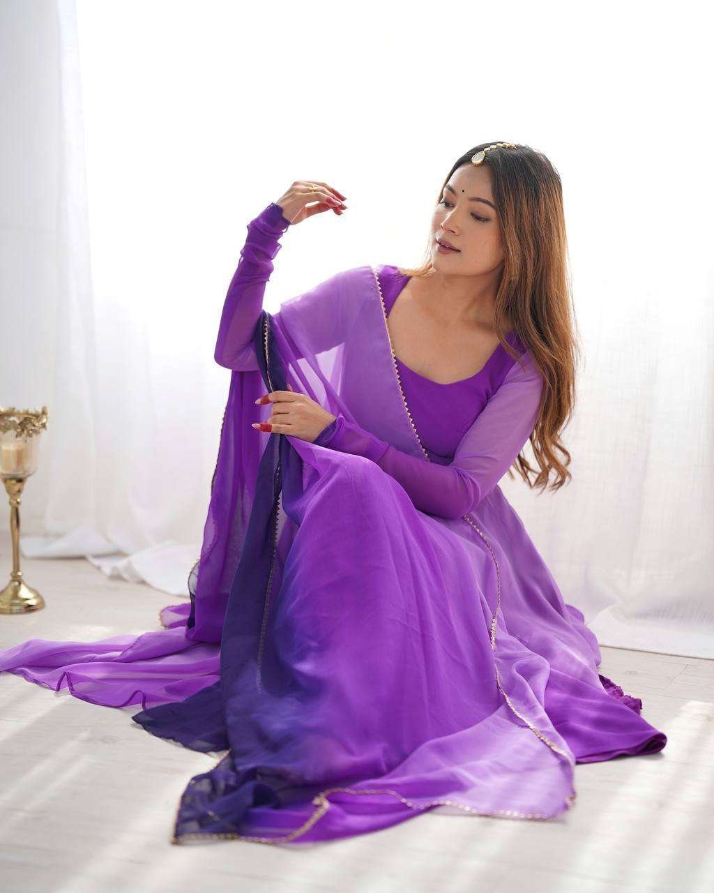 Women’s Pure Romansilk Chanderi Tie-Dye Anarkali Kurti Pant With Dupatta Set