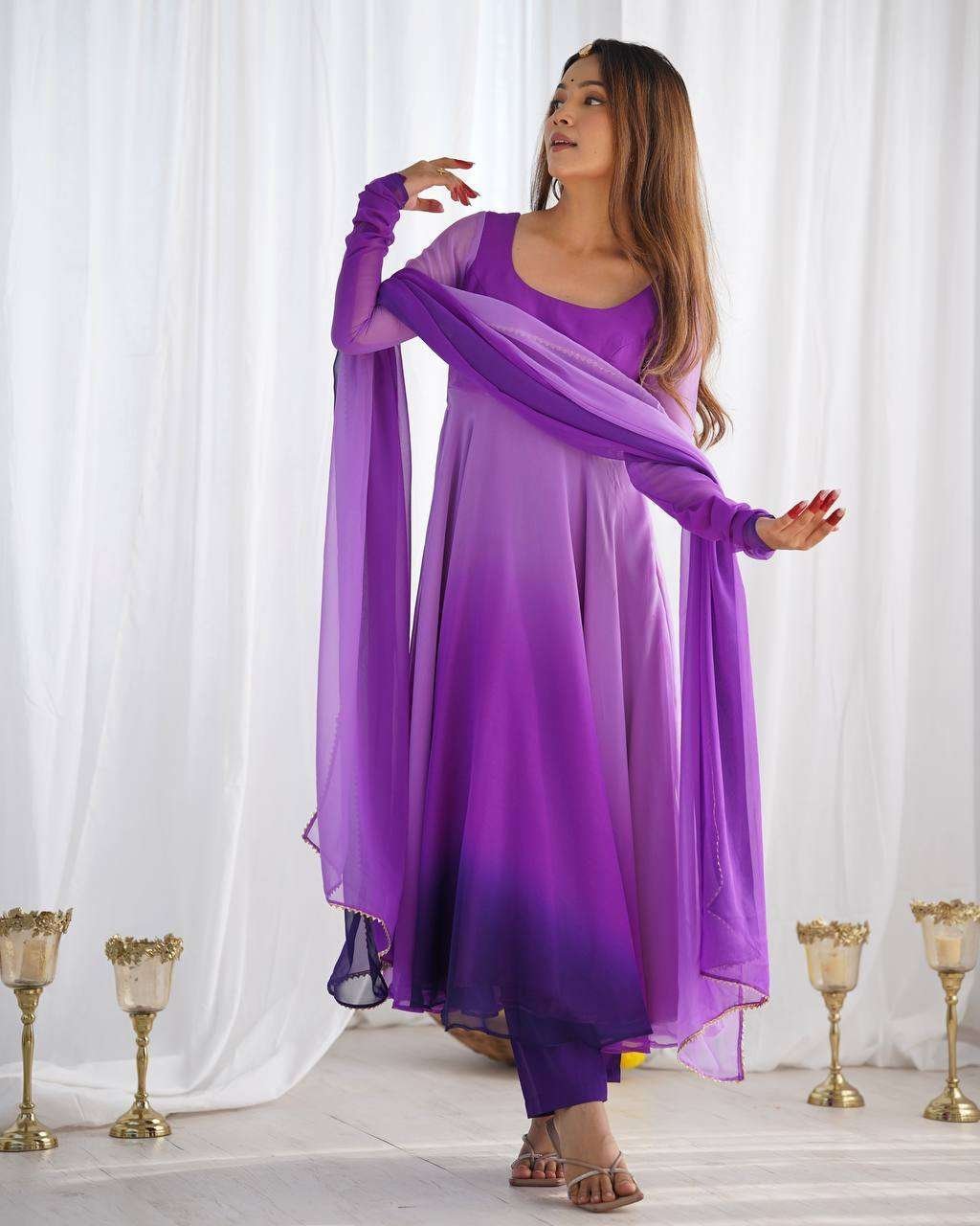 Women’s Pure Romansilk Chanderi Tie-Dye Anarkali Kurti Pant With Dupatta Set