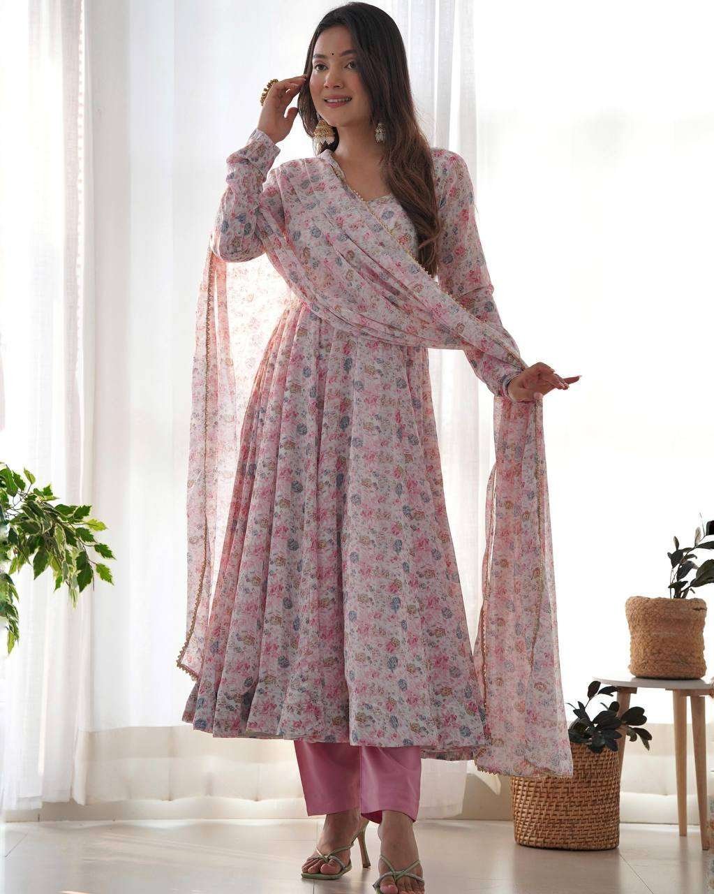 Womens Crunchy Silk Anarkali Kurti with Pant & Dupatta Set