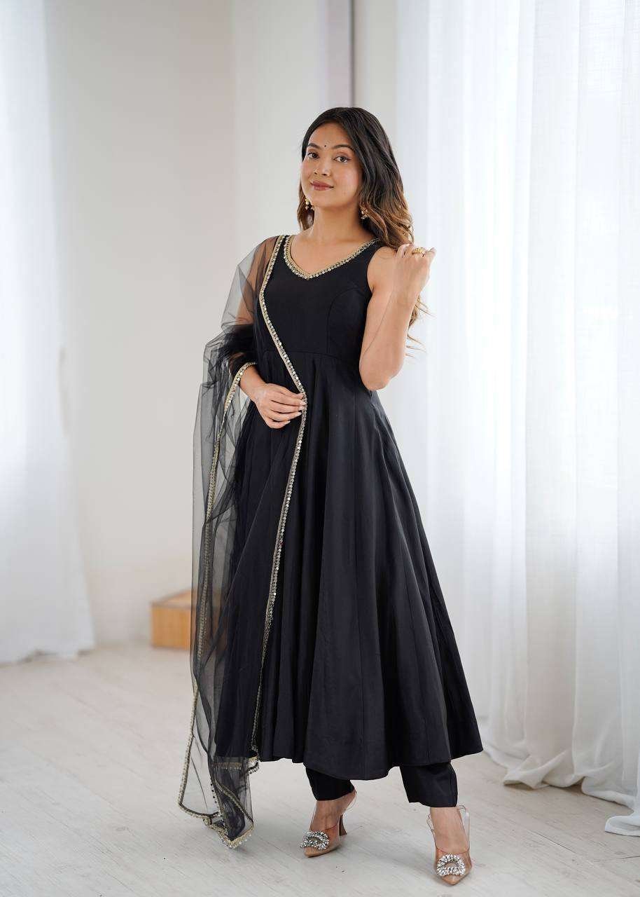 Womens Pure Romansilk Chanderi Anarkali Kurti with Pant & Dupatta Set