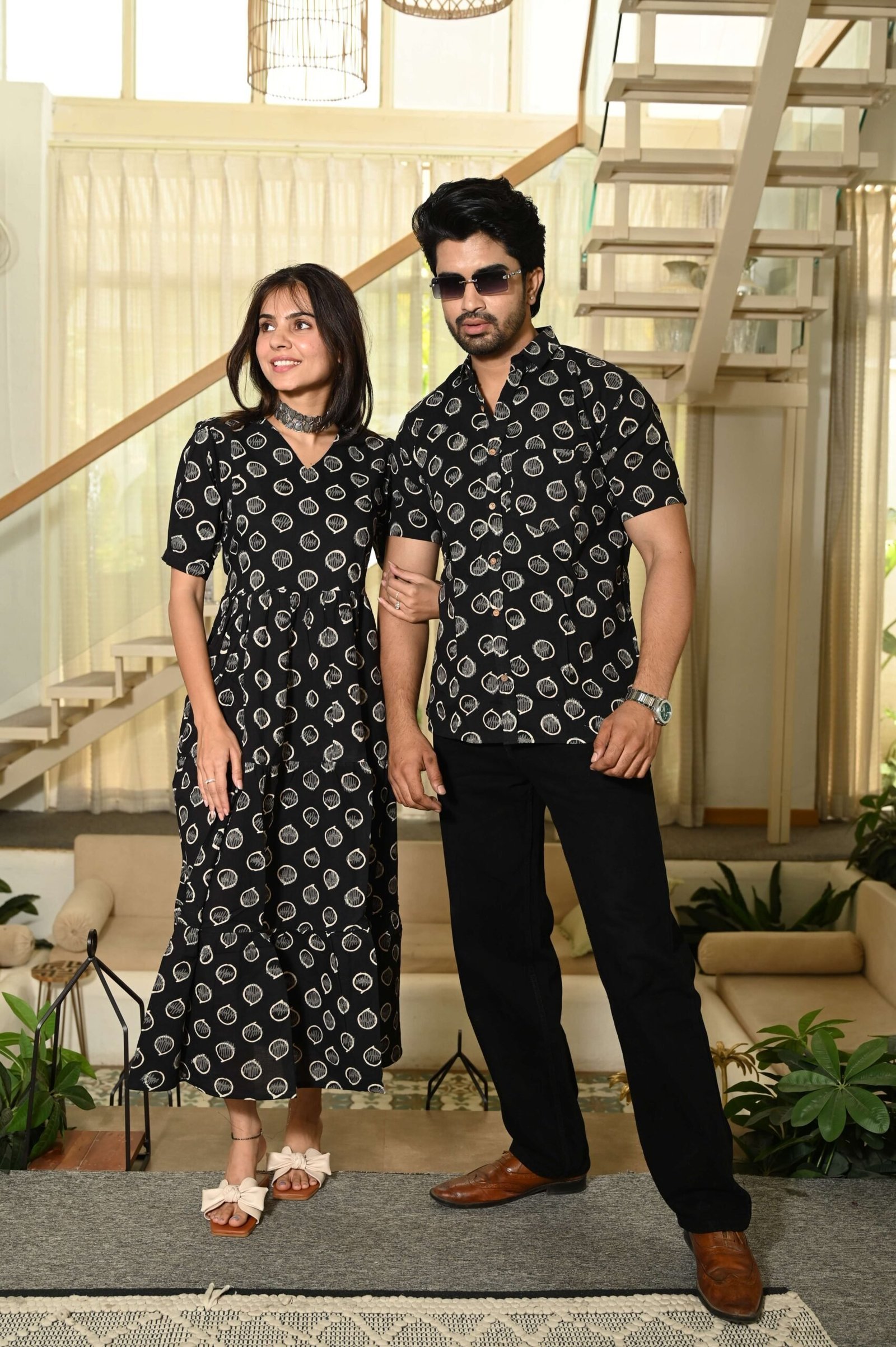 Couple Matching Black Cotton Anarkali Midi Dress and Shirt Set ? Vertical Vine Block Print