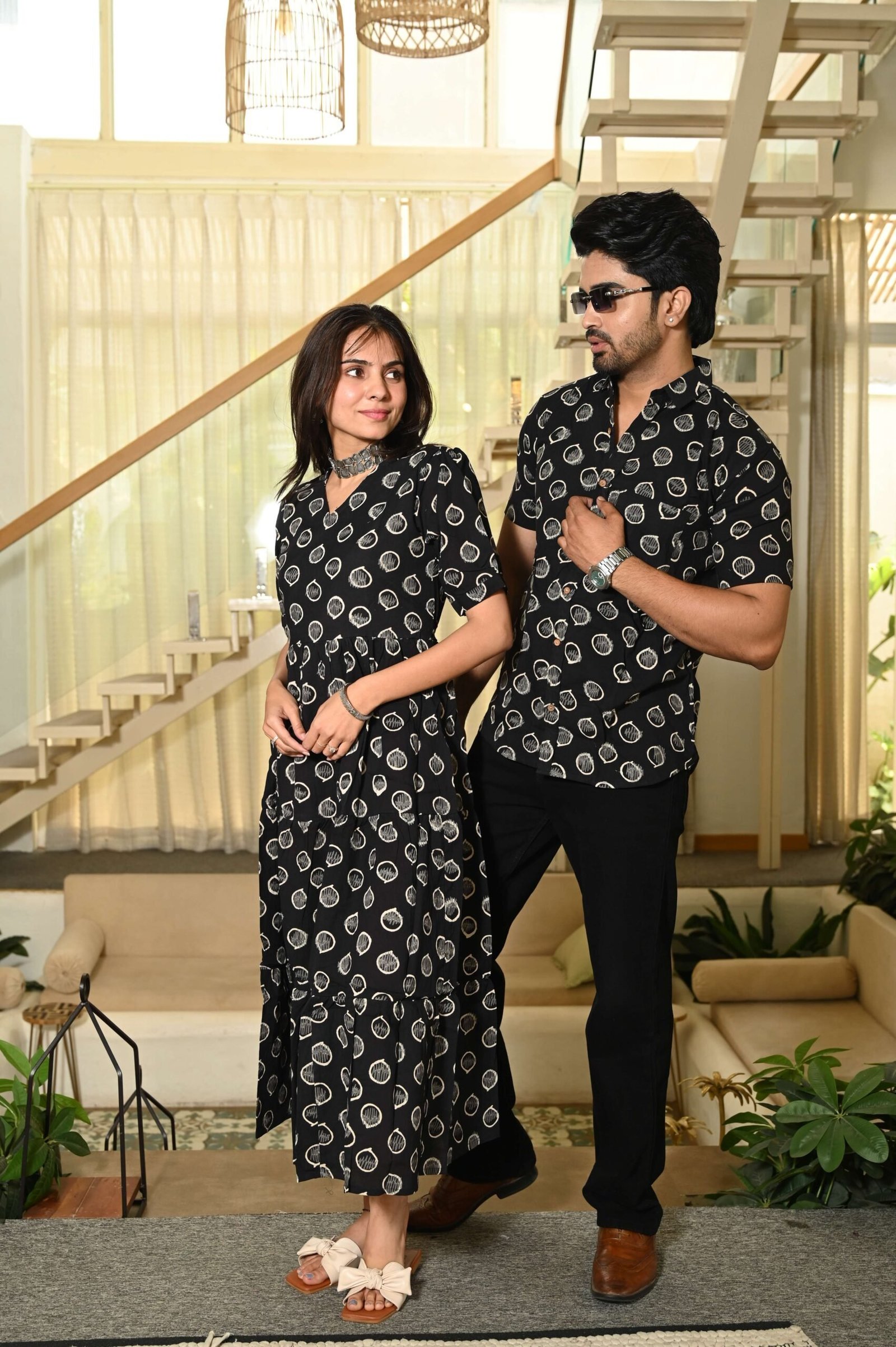 Couple Matching Black Cotton Anarkali Midi Dress and Shirt Set ? Vertical Vine Block Print