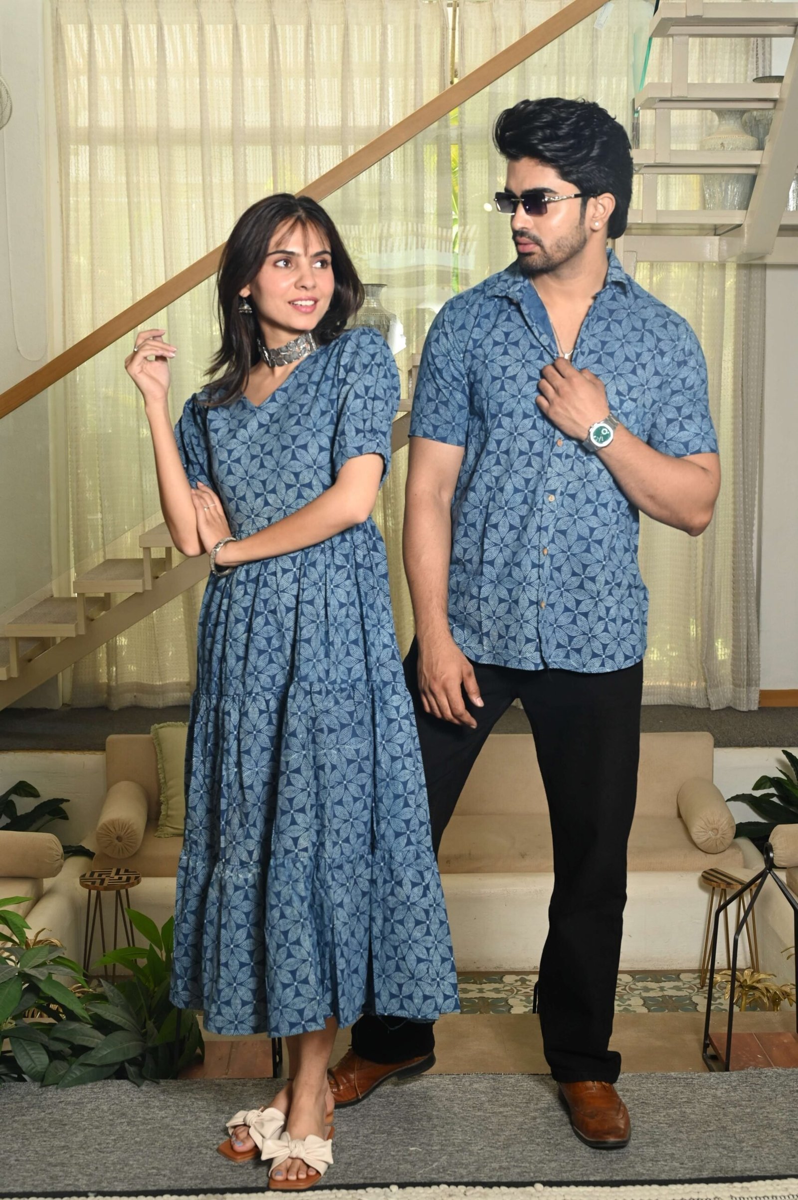 Couple Matching Blue Cotton Anarkali Midi Dress and Shirt Set ? Geometric Block Print