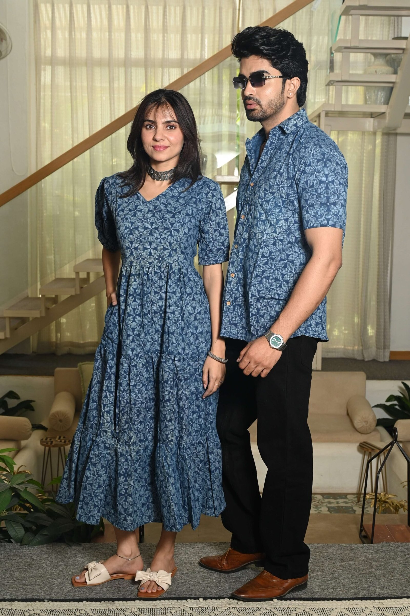 Couple Matching Blue Cotton Anarkali Midi Dress and Shirt Set ? Geometric Block Print