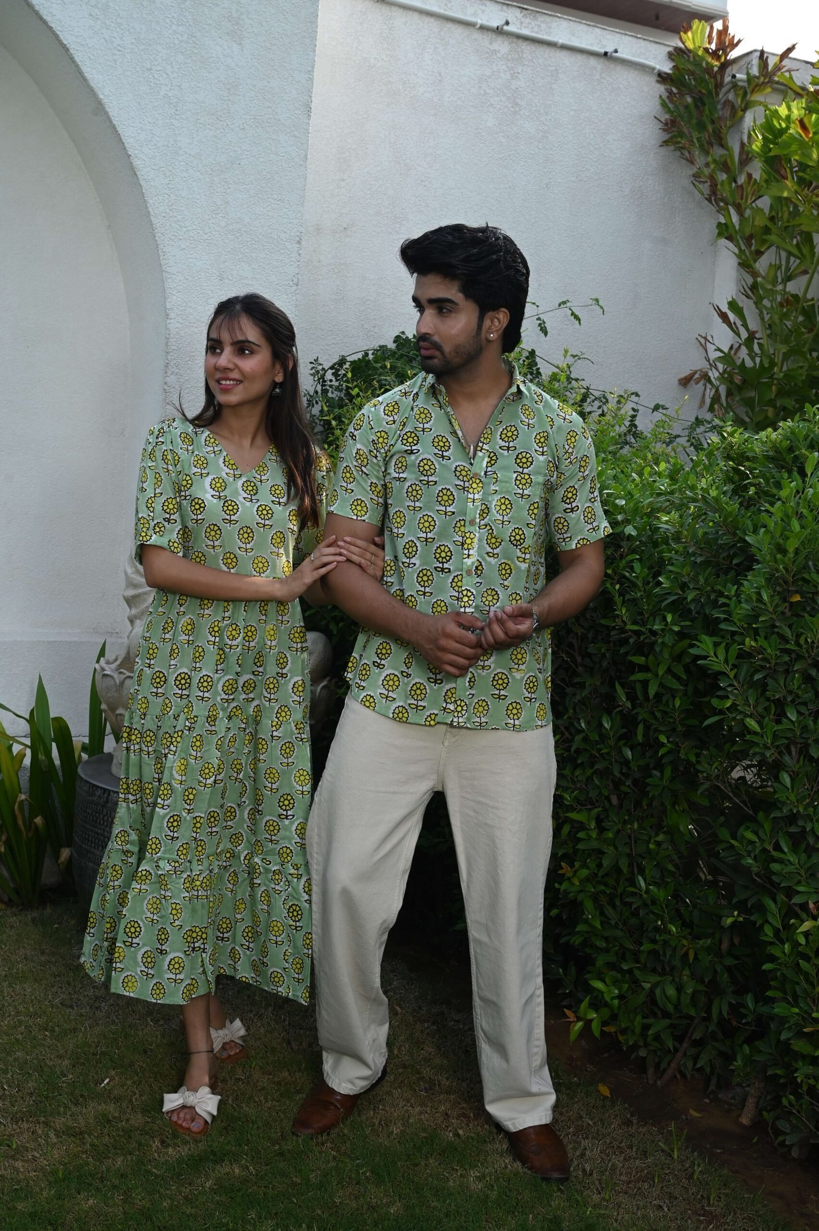 Couple Matching Light Green Printed Cotton Anarkali Midi Dress & Shirt Set ? Summer Casual Wear