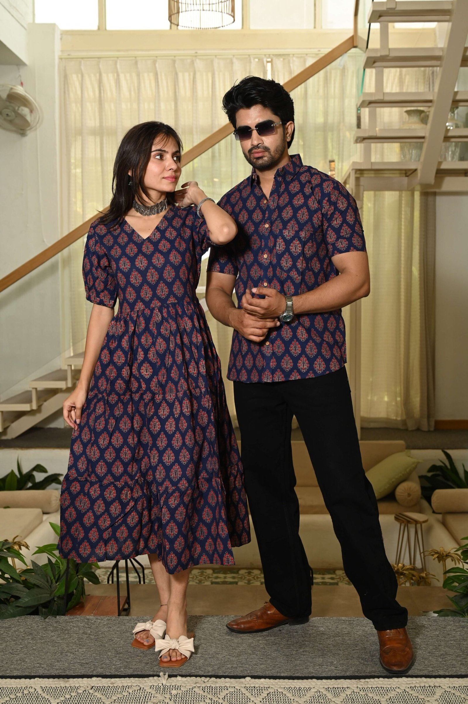 Couple Matching Navy Blue Cotton Anarkali Midi Dress and Shirt Set ? Red Hand Block Print