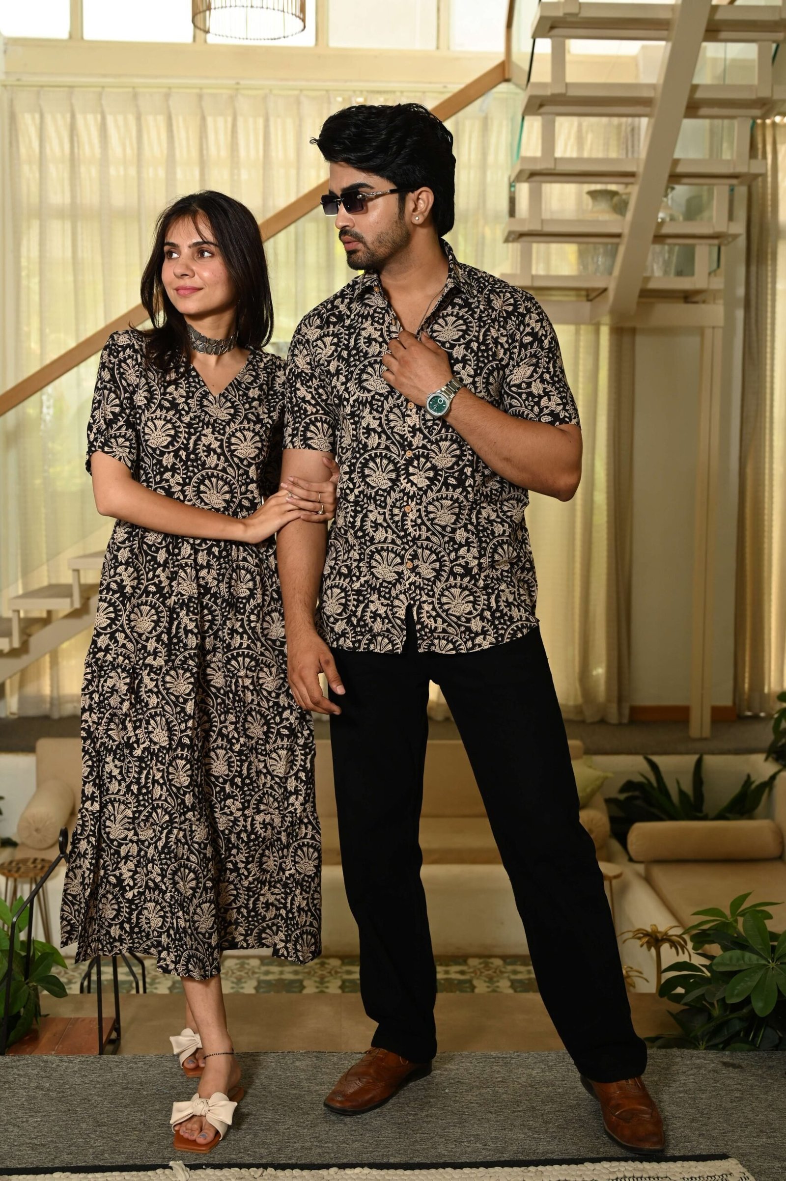 Couple Matching Red Printed Cotton Anarkali Midi Dress & Shirt Set ? Summer Casual Wear
