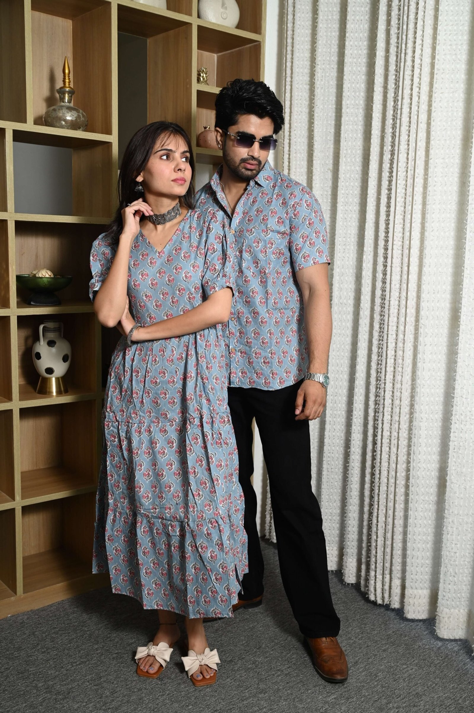 Couple Matching Sky Blue Cotton Anarkali Midi Dress and Shirt Set ? Pink Floral Print