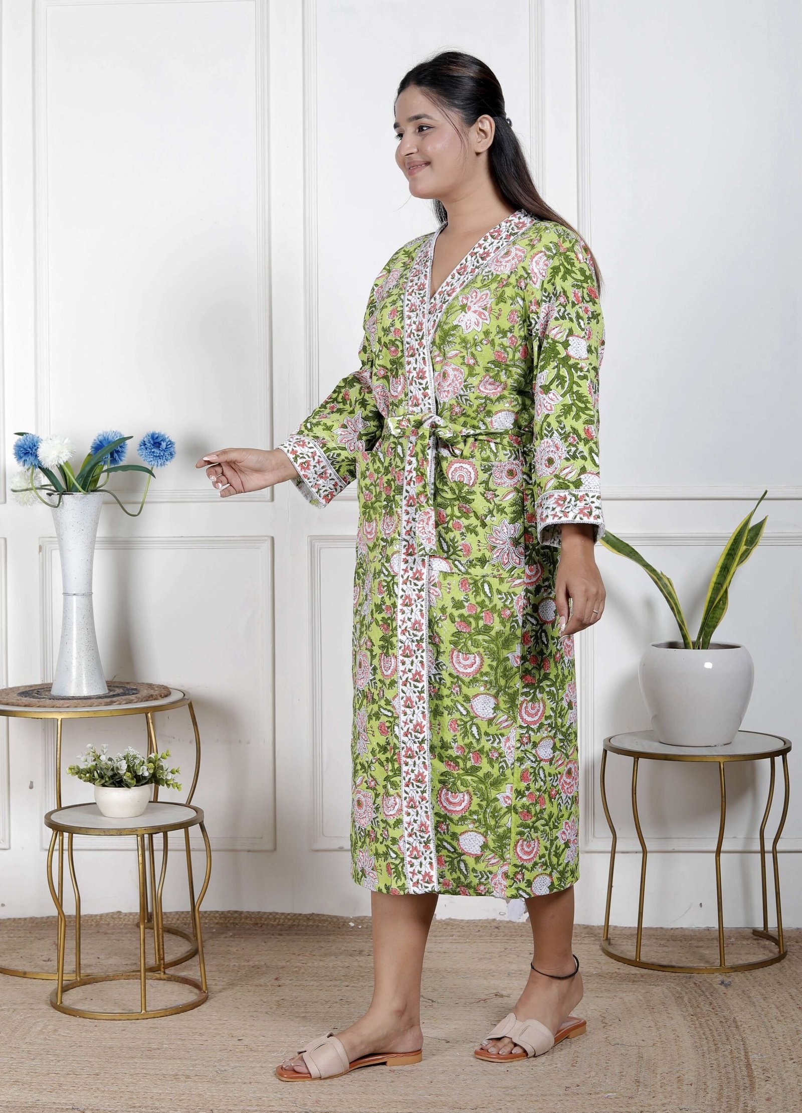 Handcrafted Cotton Block Printed Long Robe | Comfortable Loungewear & Bathrobe for Women