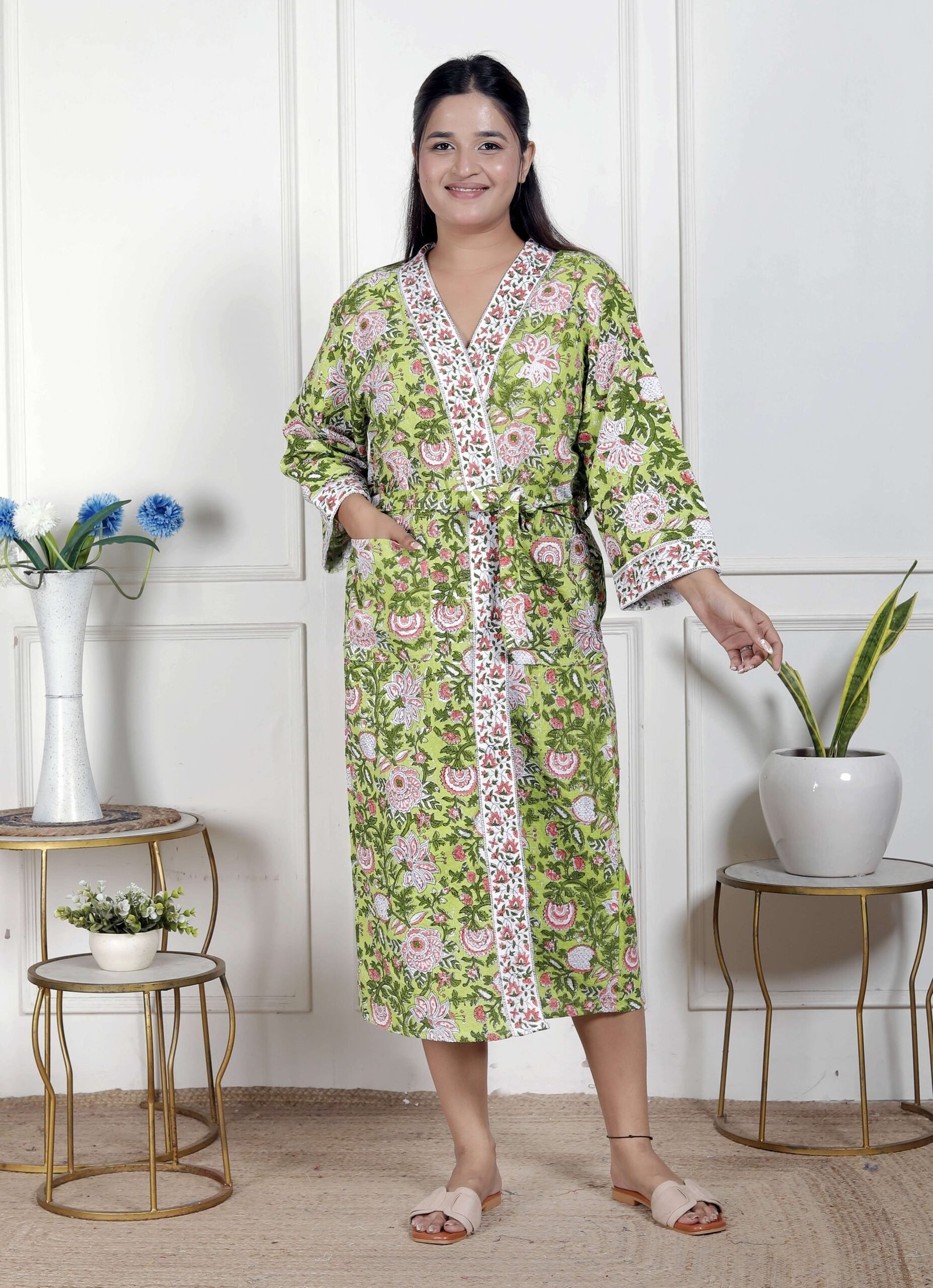 Handcrafted Cotton Block Printed Long Robe | Comfortable Loungewear & Bathrobe for Women