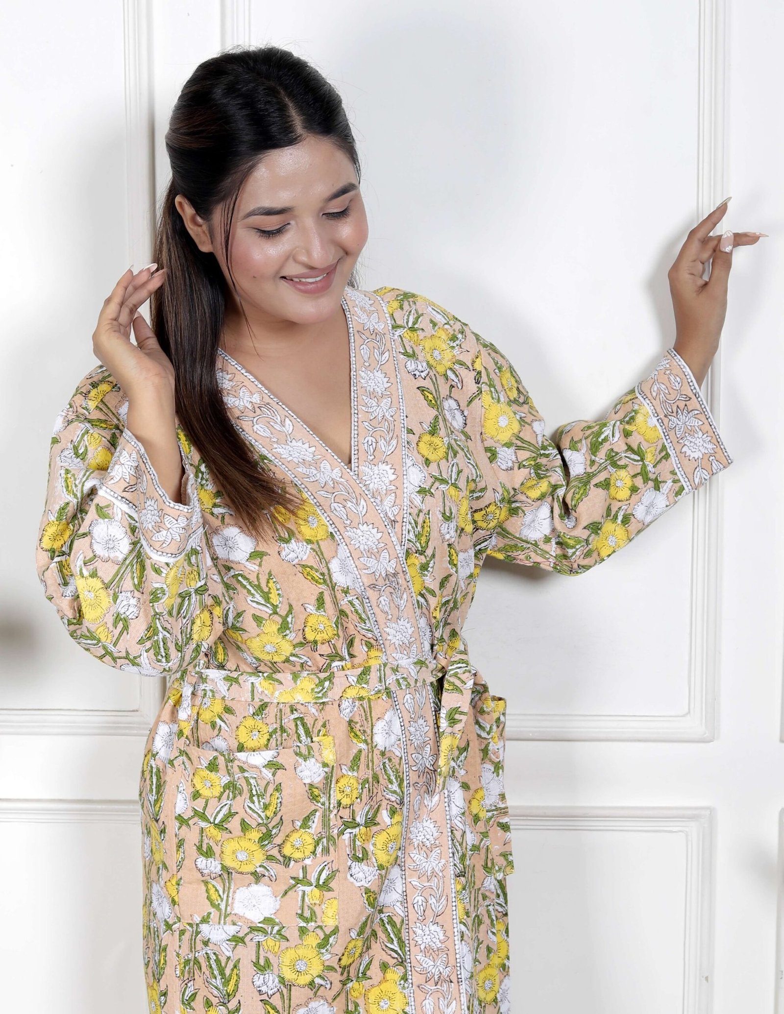 Handcrafted Cotton Block Printed Long Robe | Comfortable Loungewear & Bathrobe for Women