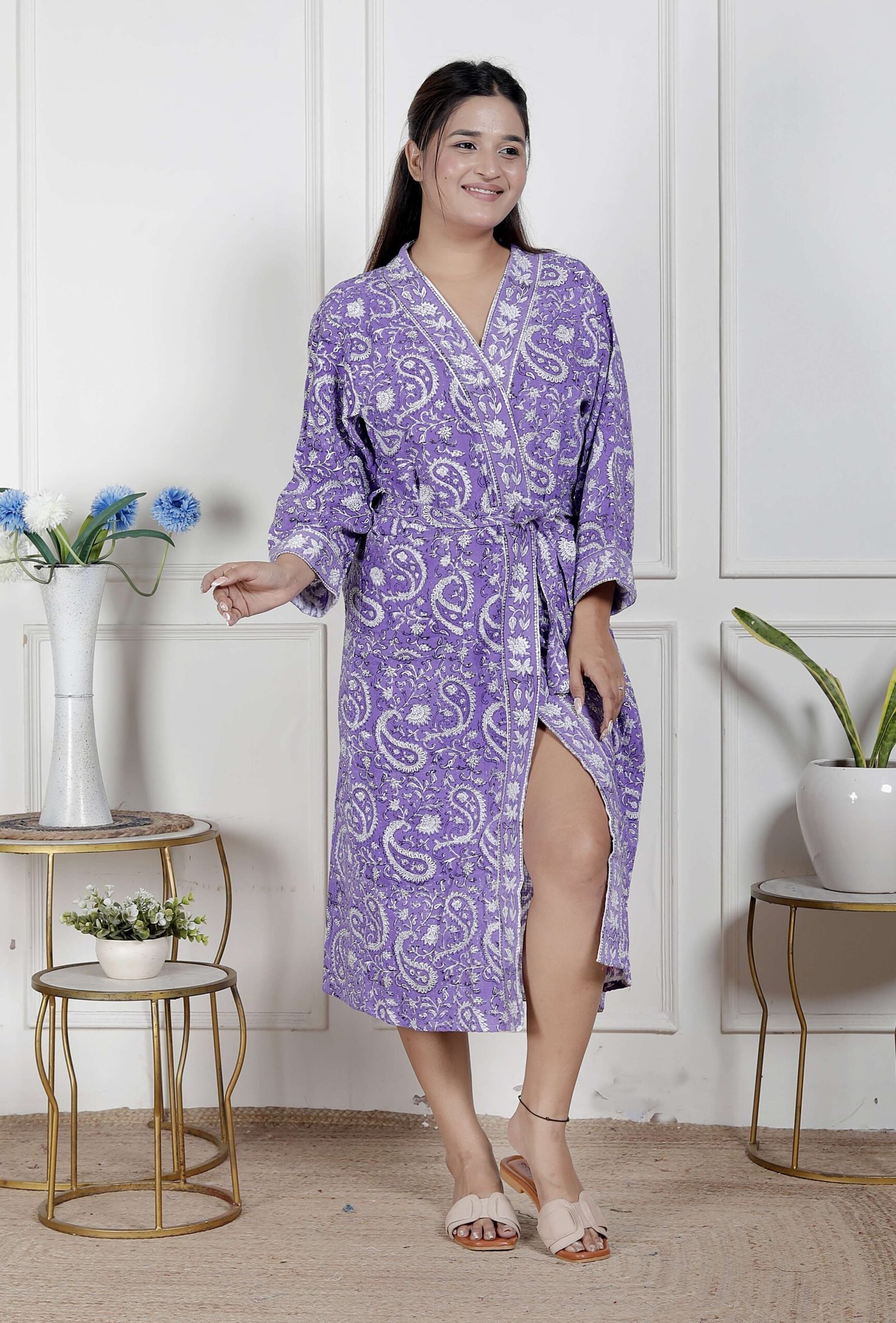 Handcrafted Cotton Block Printed Long Robe | Comfortable Loungewear & Bathrobe for Women