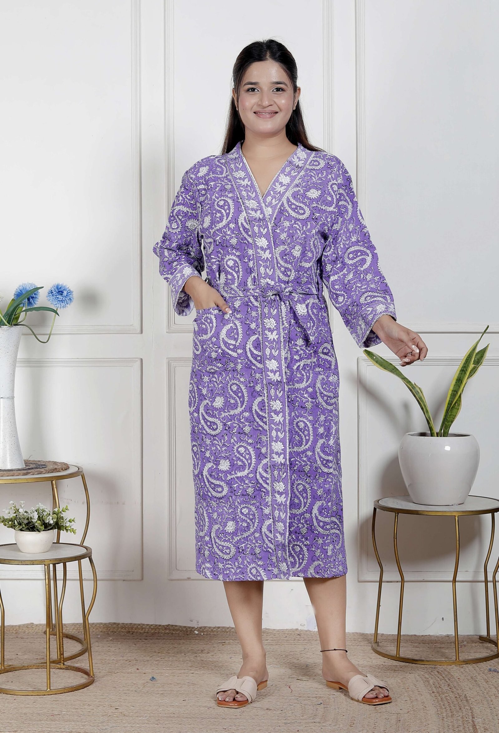 Handcrafted Cotton Block Printed Long Robe | Comfortable Loungewear & Bathrobe for Women