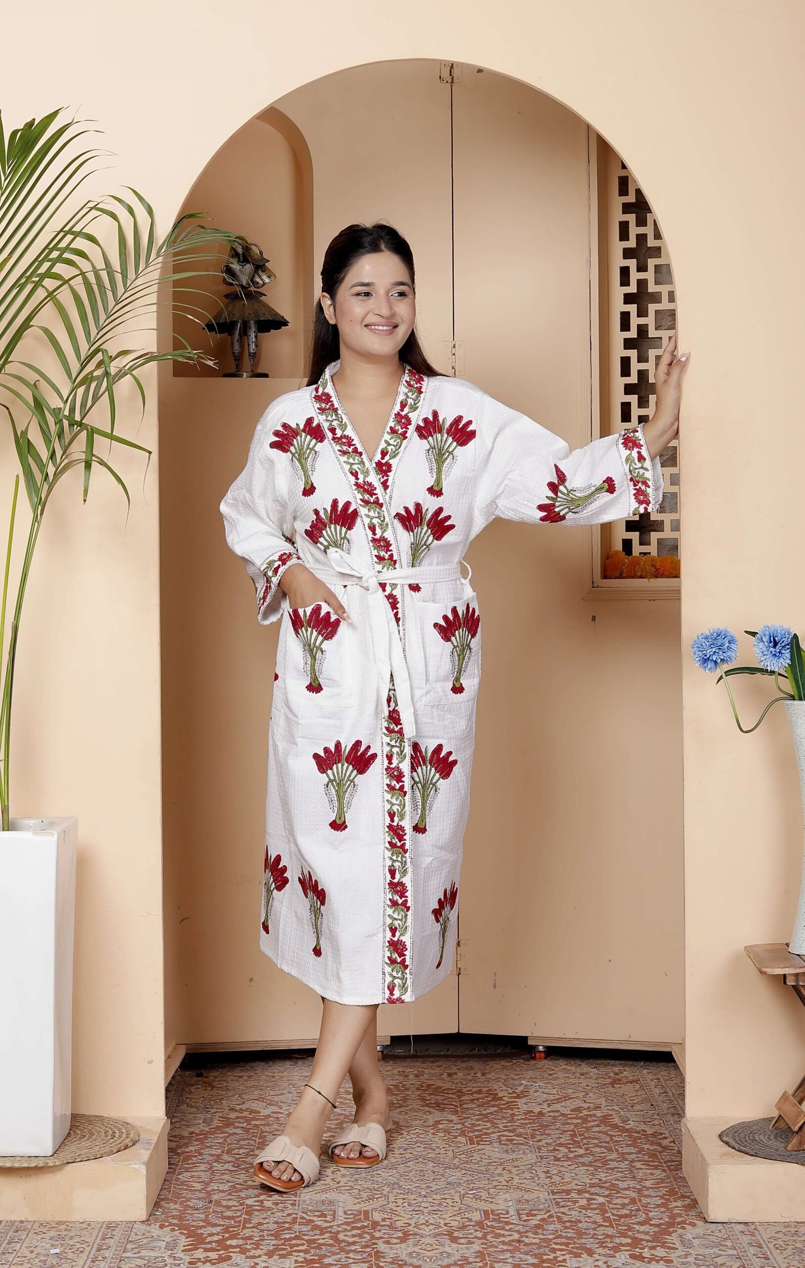 Handcrafted Cotton Block Printed Long Robe | Comfortable Loungewear & Bathrobe for Women