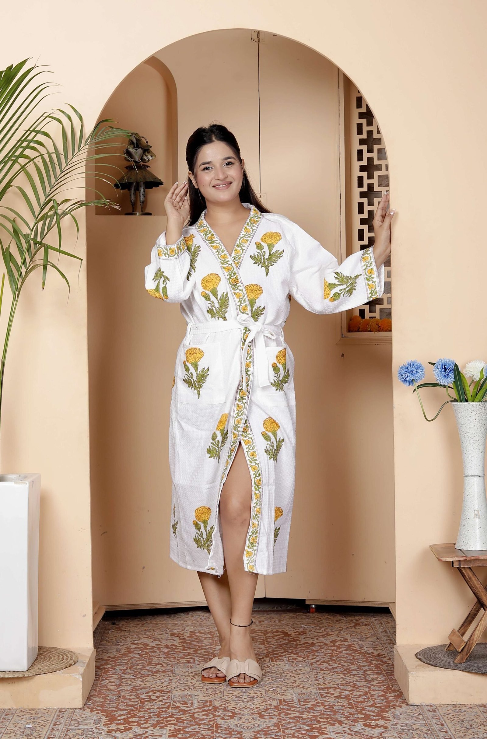 Handcrafted Cotton Block Printed Long Robe | Comfortable Loungewear & Bathrobe for Women