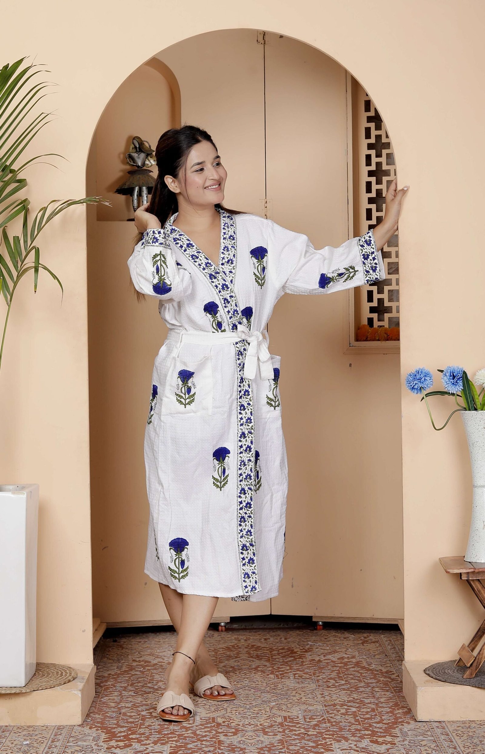 Handcrafted Cotton Block Printed Long Robe | Comfortable Loungewear & Bathrobe for Women