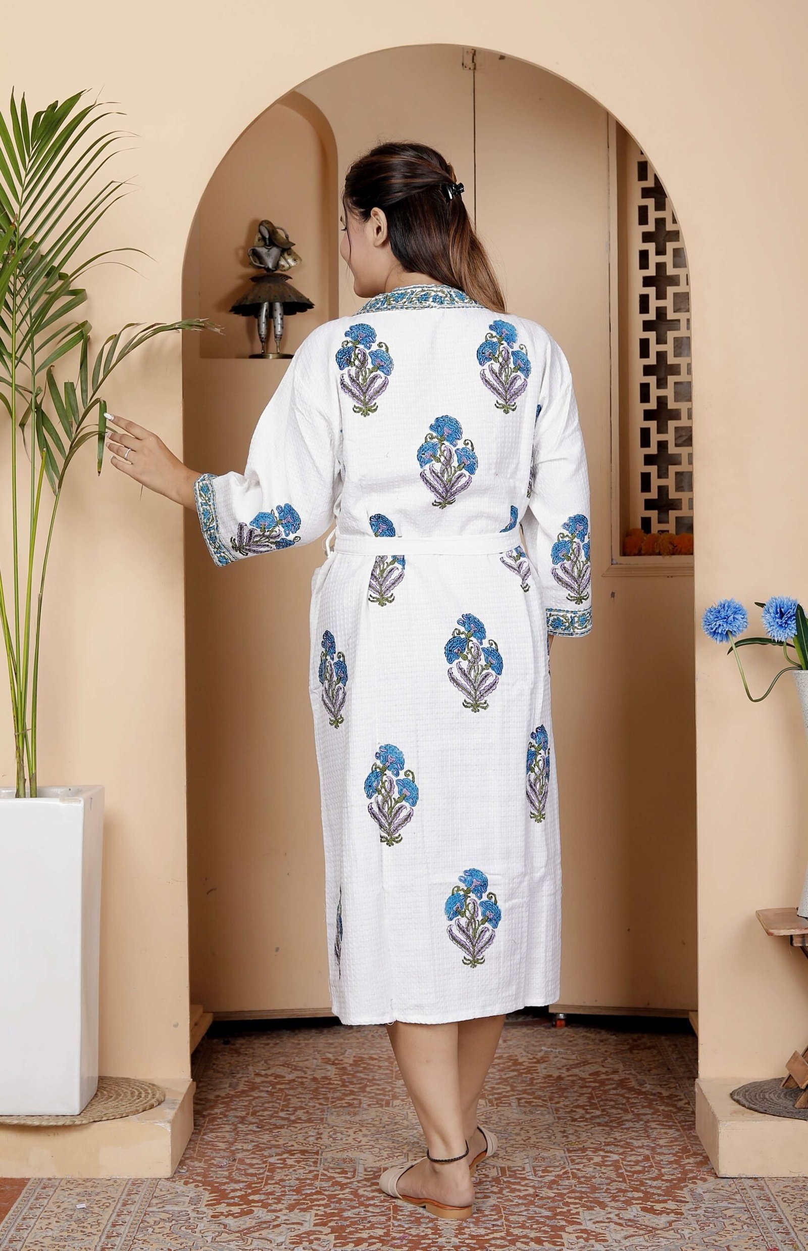 Handcrafted Cotton Block Printed Long Robe | Comfortable Loungewear & Bathrobe for Women