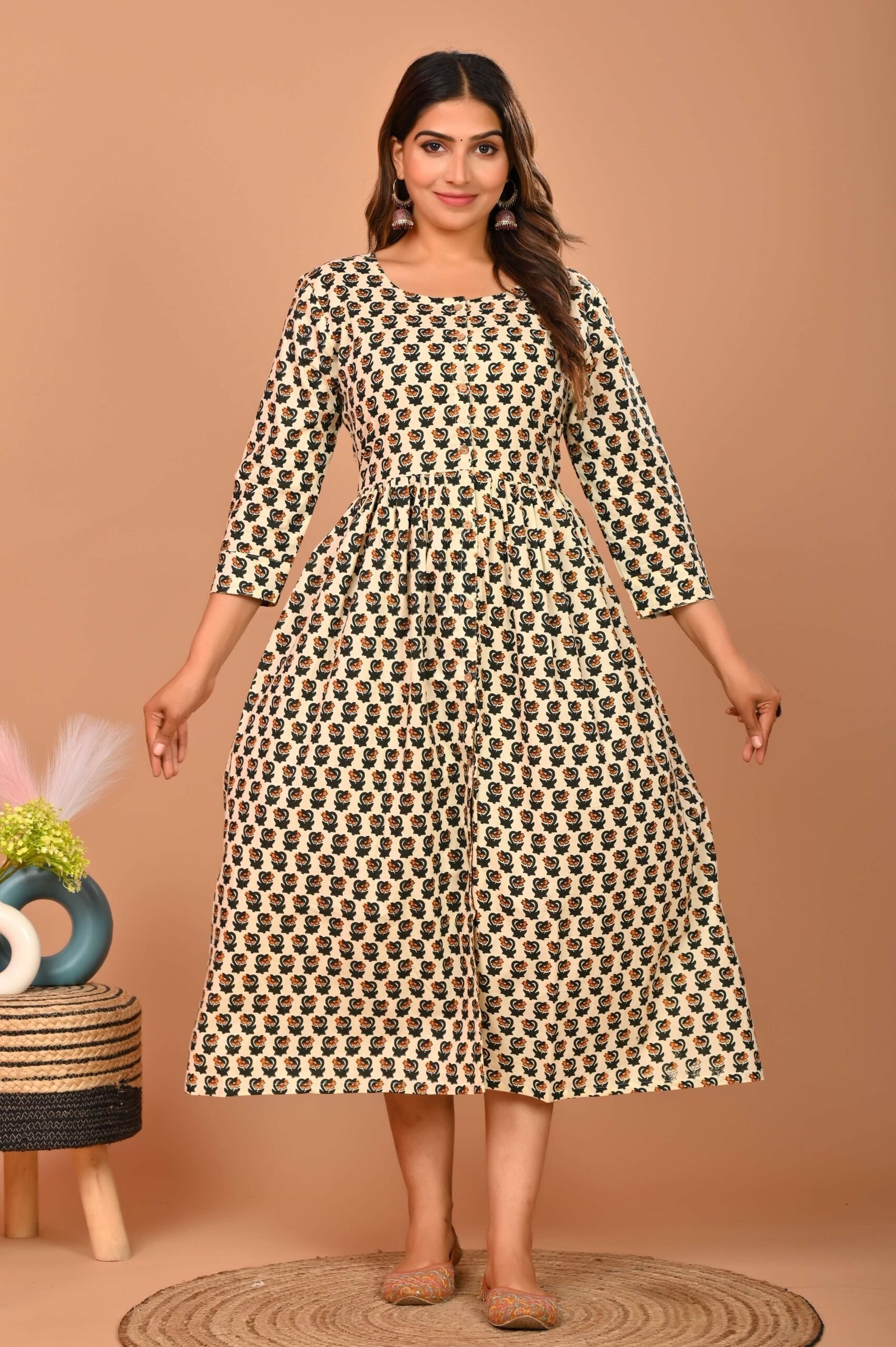 Beige & Black Handblock Printed A-Line Midi Dress with 3/4 Sleeves ? Elegant Ethnic Casual Wear