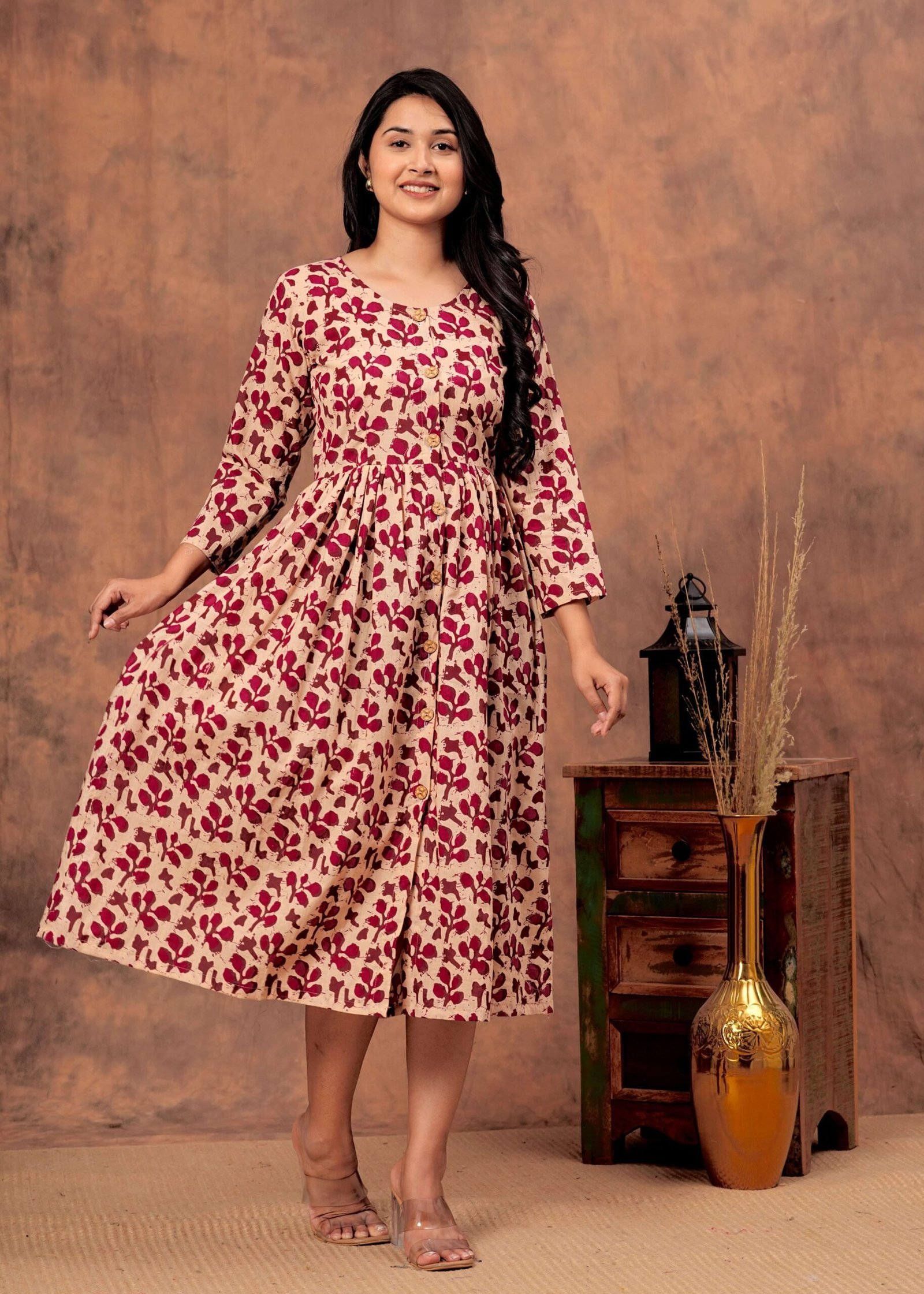 Beige & Red Floral Printed Cotton A-Line Dress with Button-Down Front