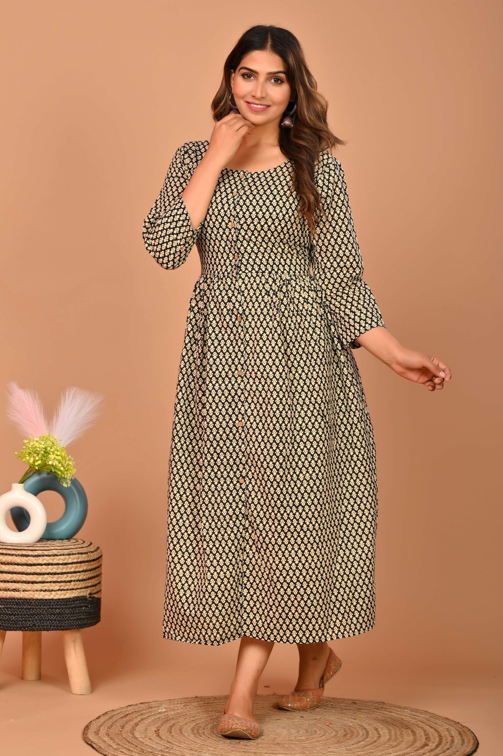 Black & Beige Geometric Printed A-Line Midi Dress with 3/4 Sleeves & Button Detailing ? Elegant Everyday Wear
