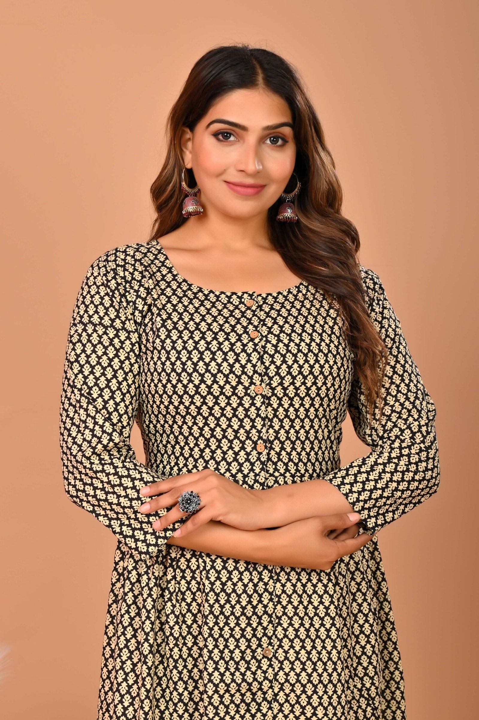 Black & Beige Geometric Printed A-Line Midi Dress with 3/4 Sleeves & Button Detailing ? Elegant Everyday Wear