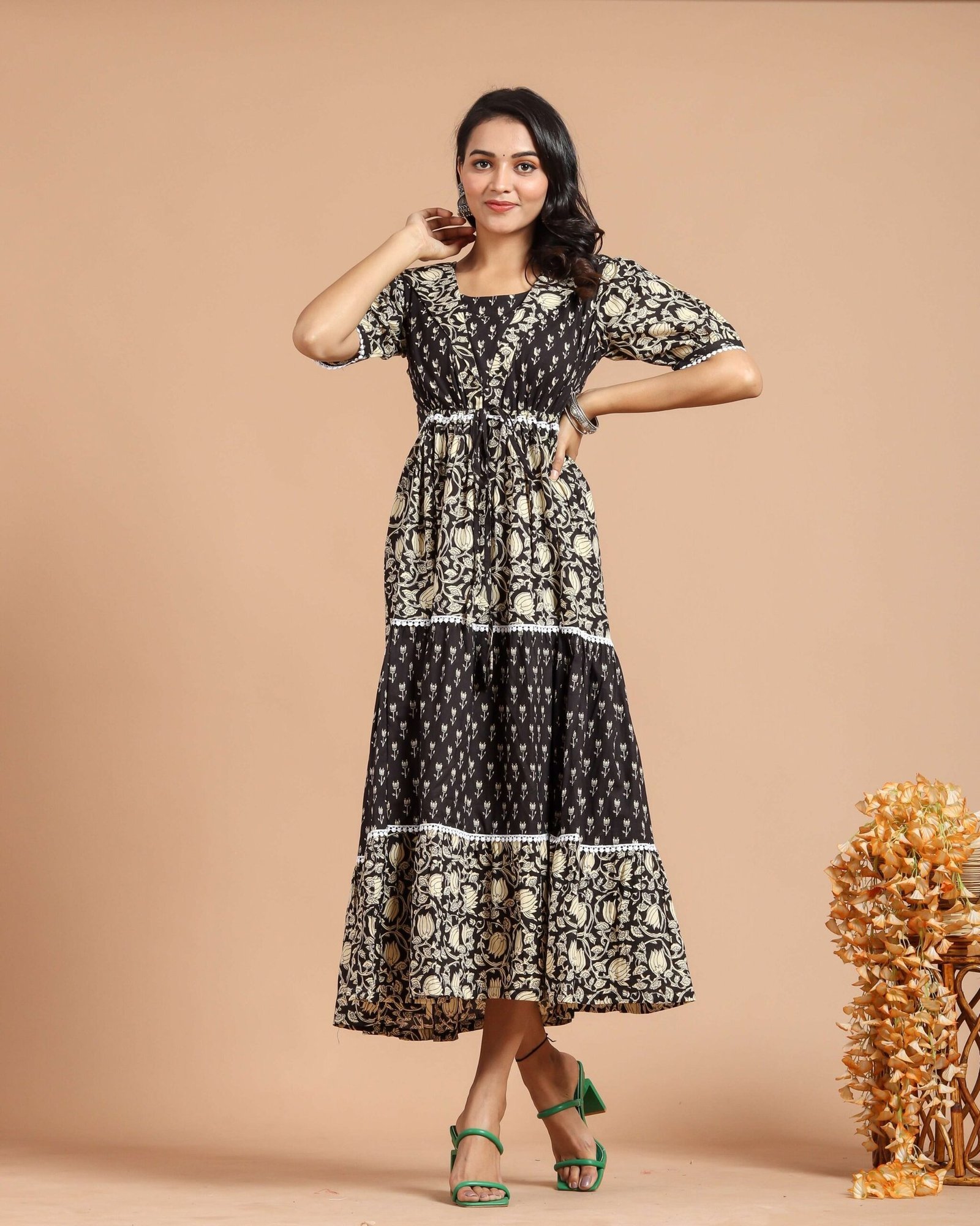 Black & Beige Printed Tiered Maxi Dress with Short Sleeves & Waist Tie ? Ethnic Boho Fusion Wear