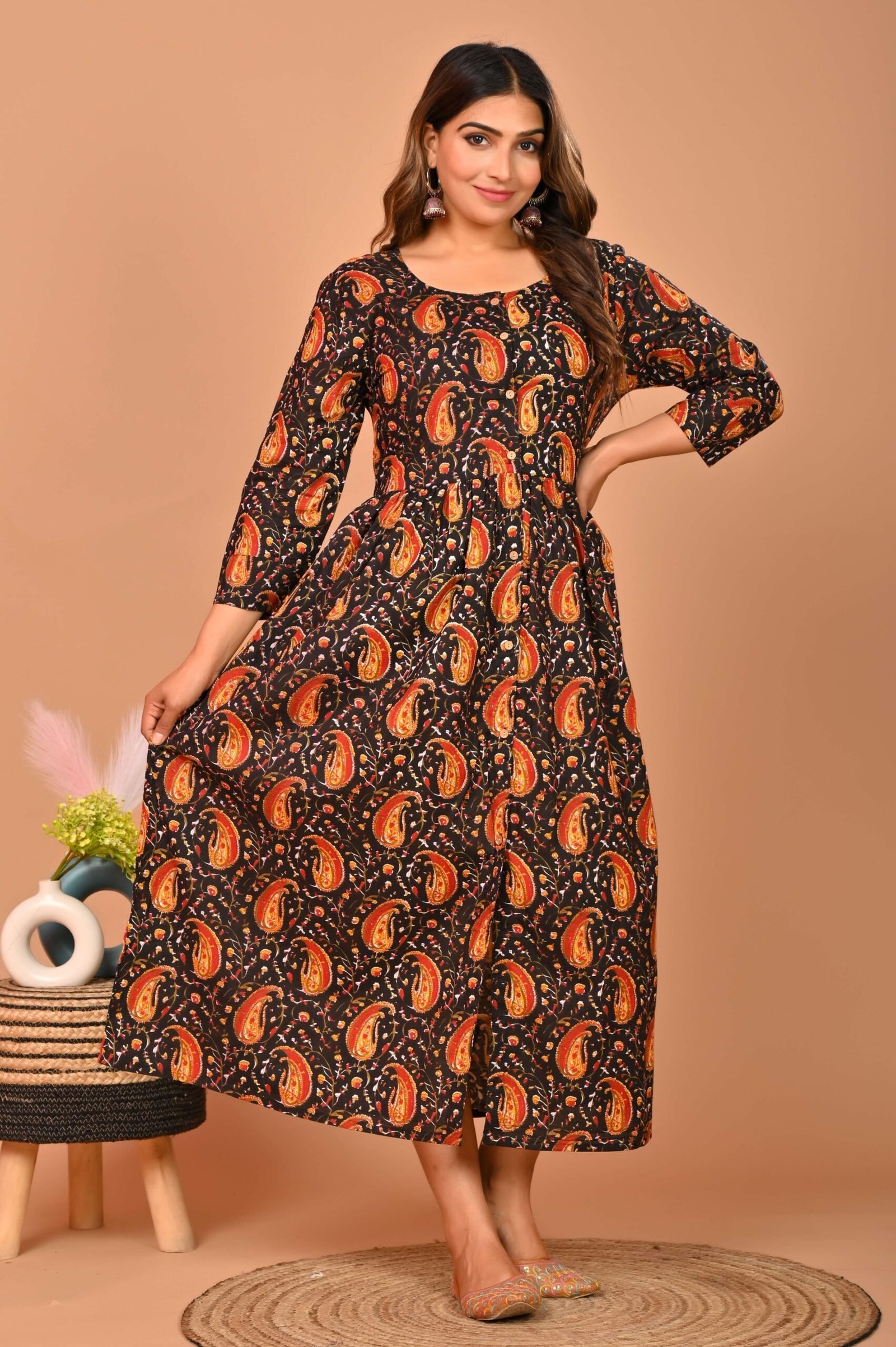 Black Floral Printed A-Line Midi Dress with 3/4th Sleeves ? Elegant Casual & Party Wear