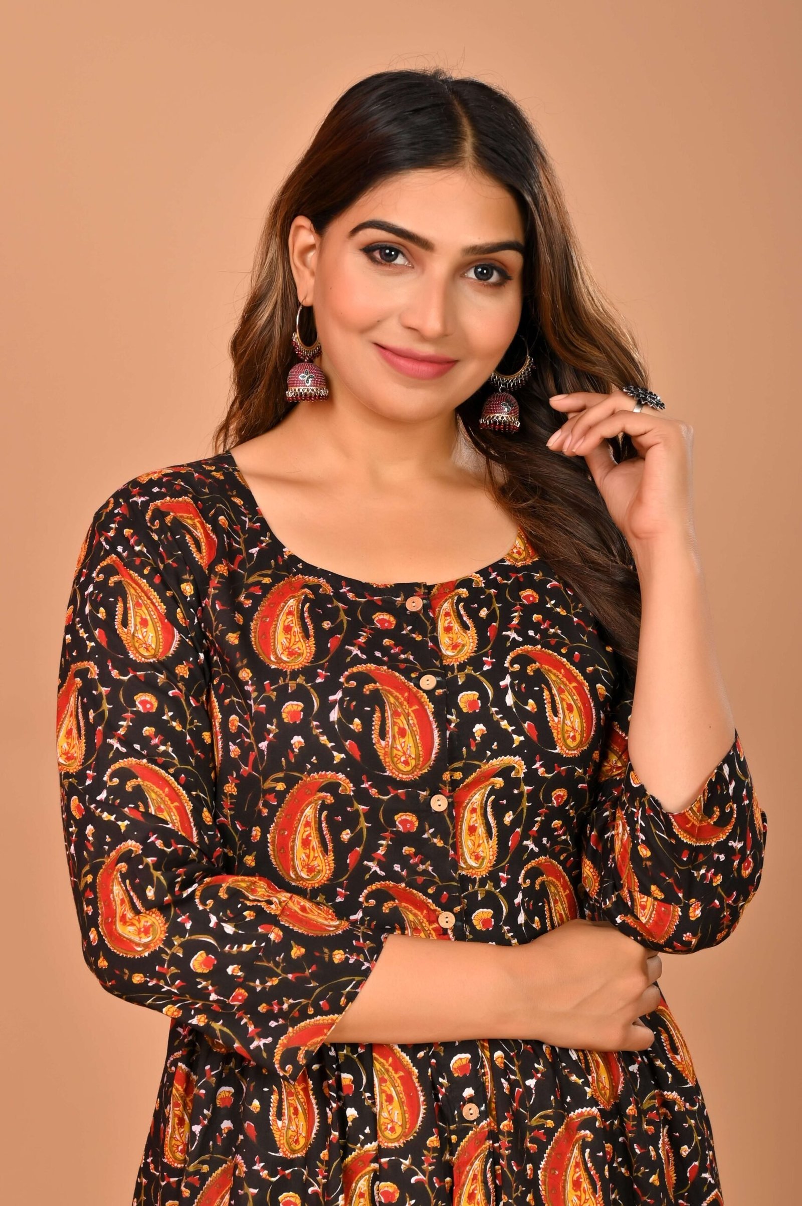 Black Floral Printed A-Line Midi Dress with 3/4th Sleeves ? Elegant Casual & Party Wear