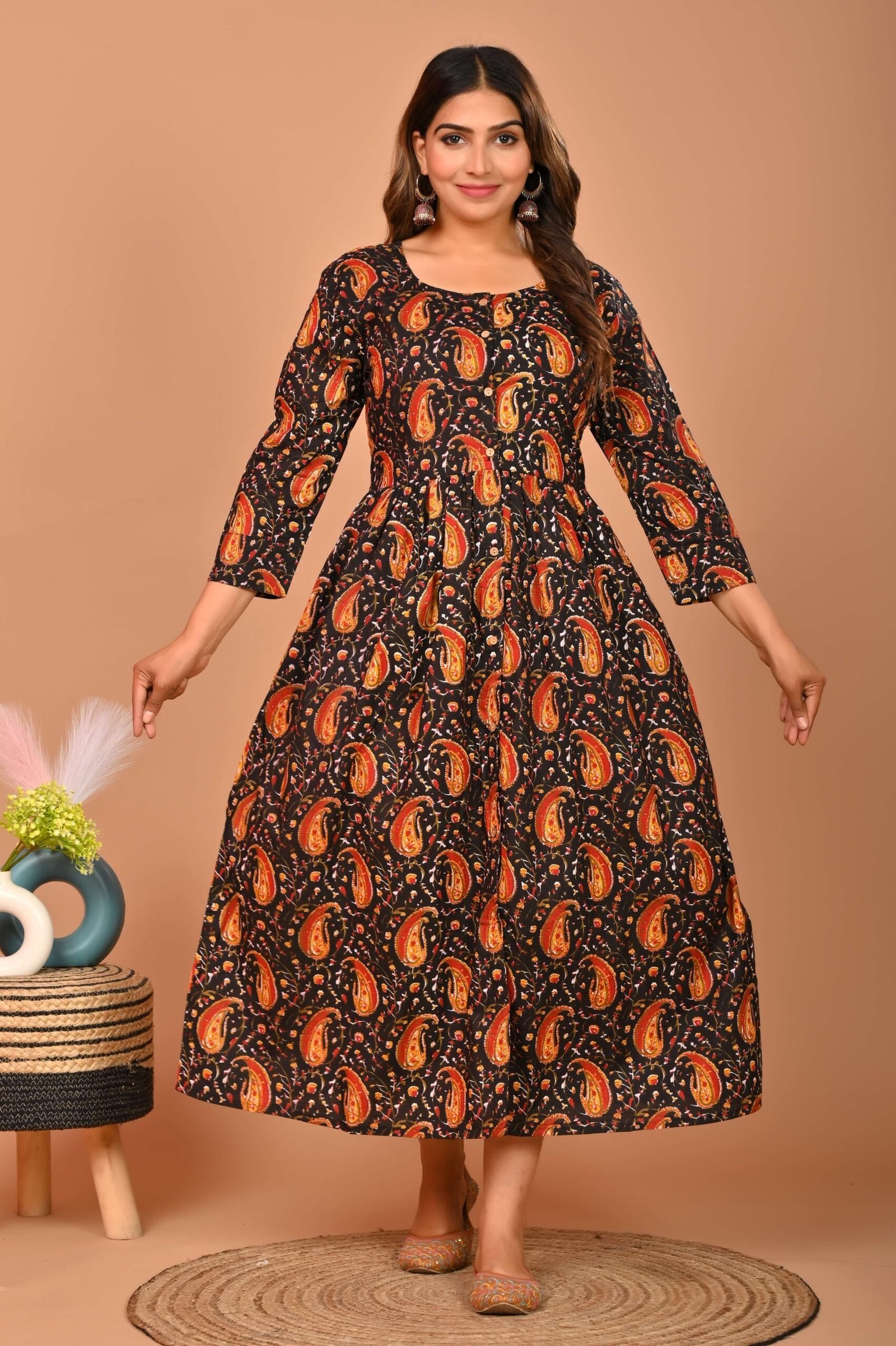 Black Floral Printed A-Line Midi Dress with 3/4th Sleeves ? Elegant Casual & Party Wear