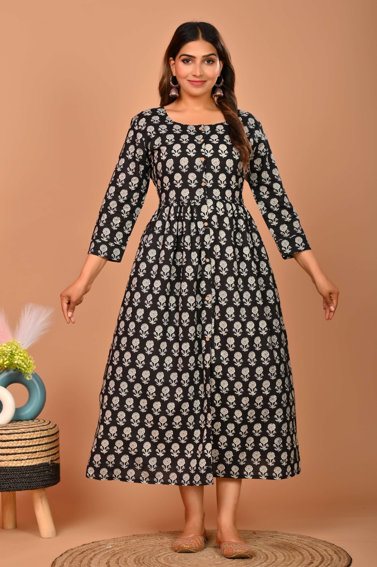 Black Floral Printed A-Line Midi Dress with 3/4th Sleeves ? Elegant Casual & Party Wear