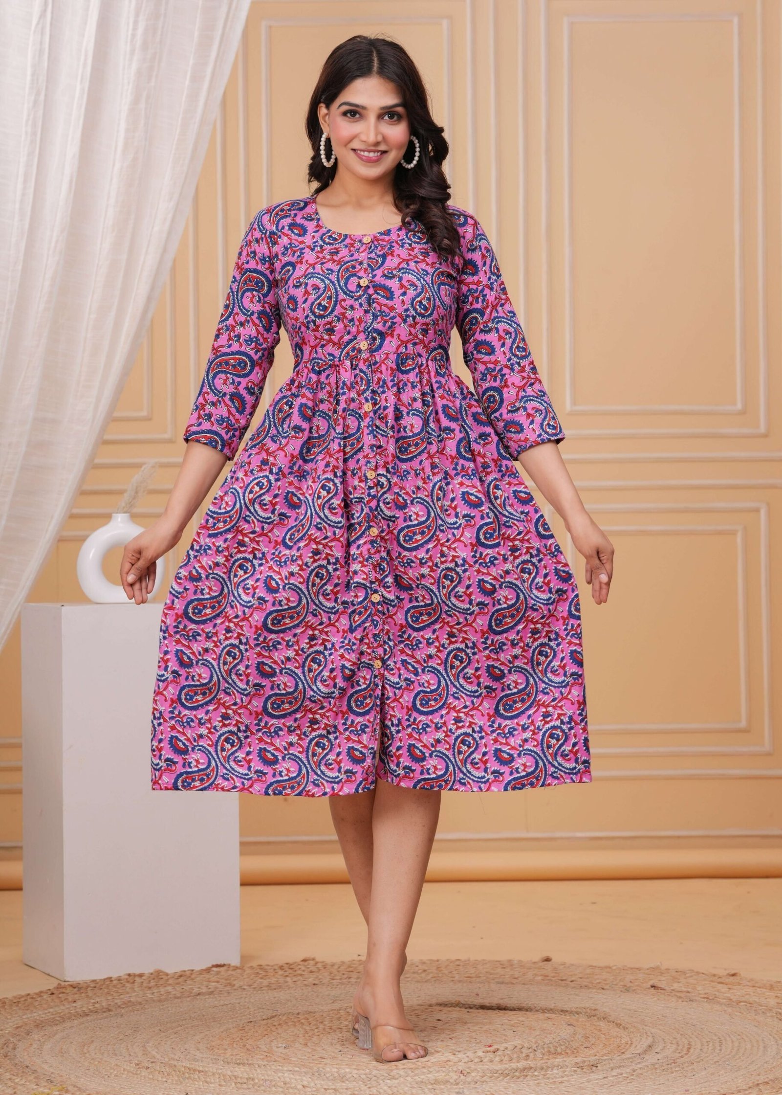 Black Floral Printed A-Line Midi Dress with 3/4th Sleeves ? Elegant Casual & Party Wear