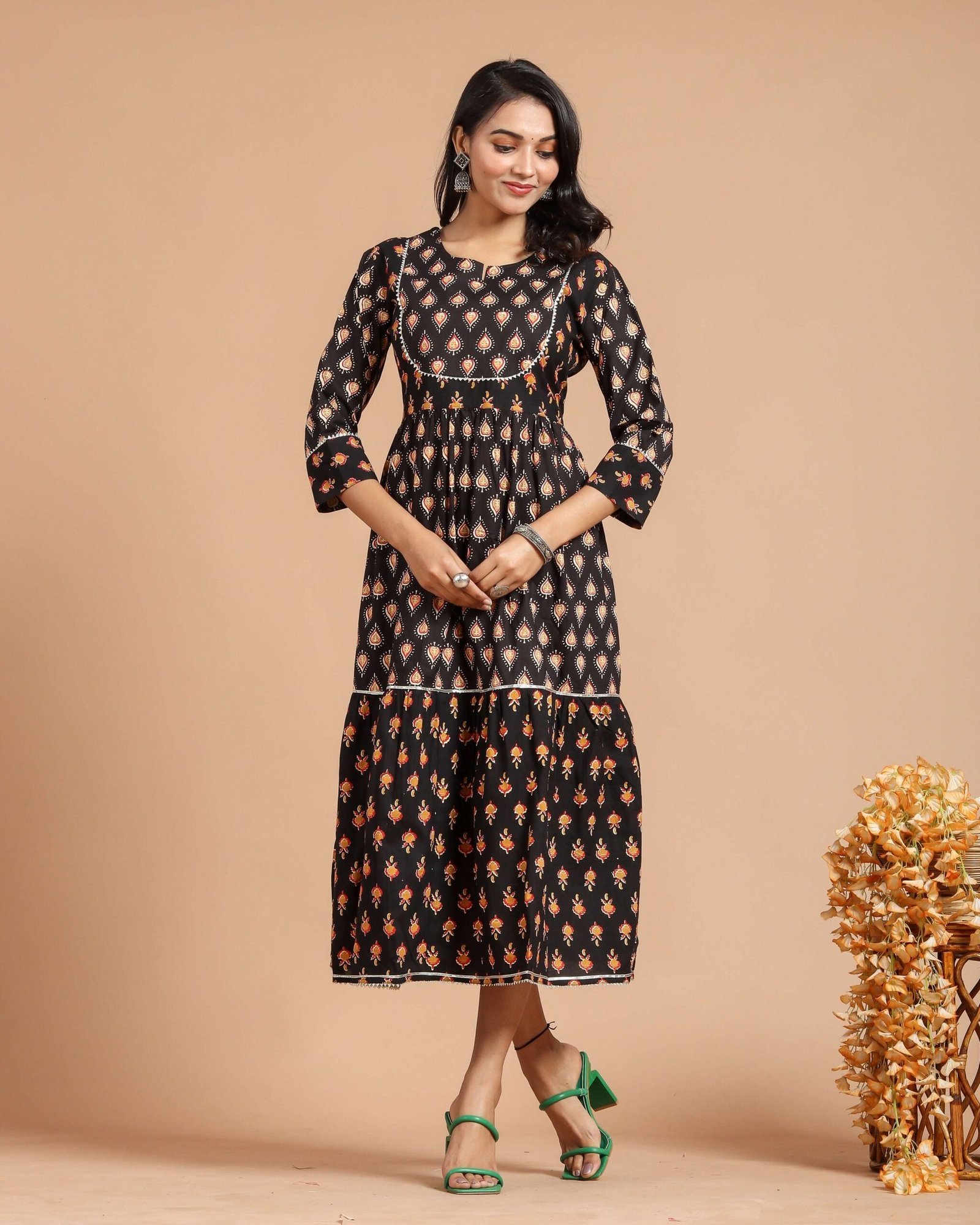 Black Floral Printed A-Line Midi Dress with 3/4th Sleeves ? Elegant Casual & Party Wear