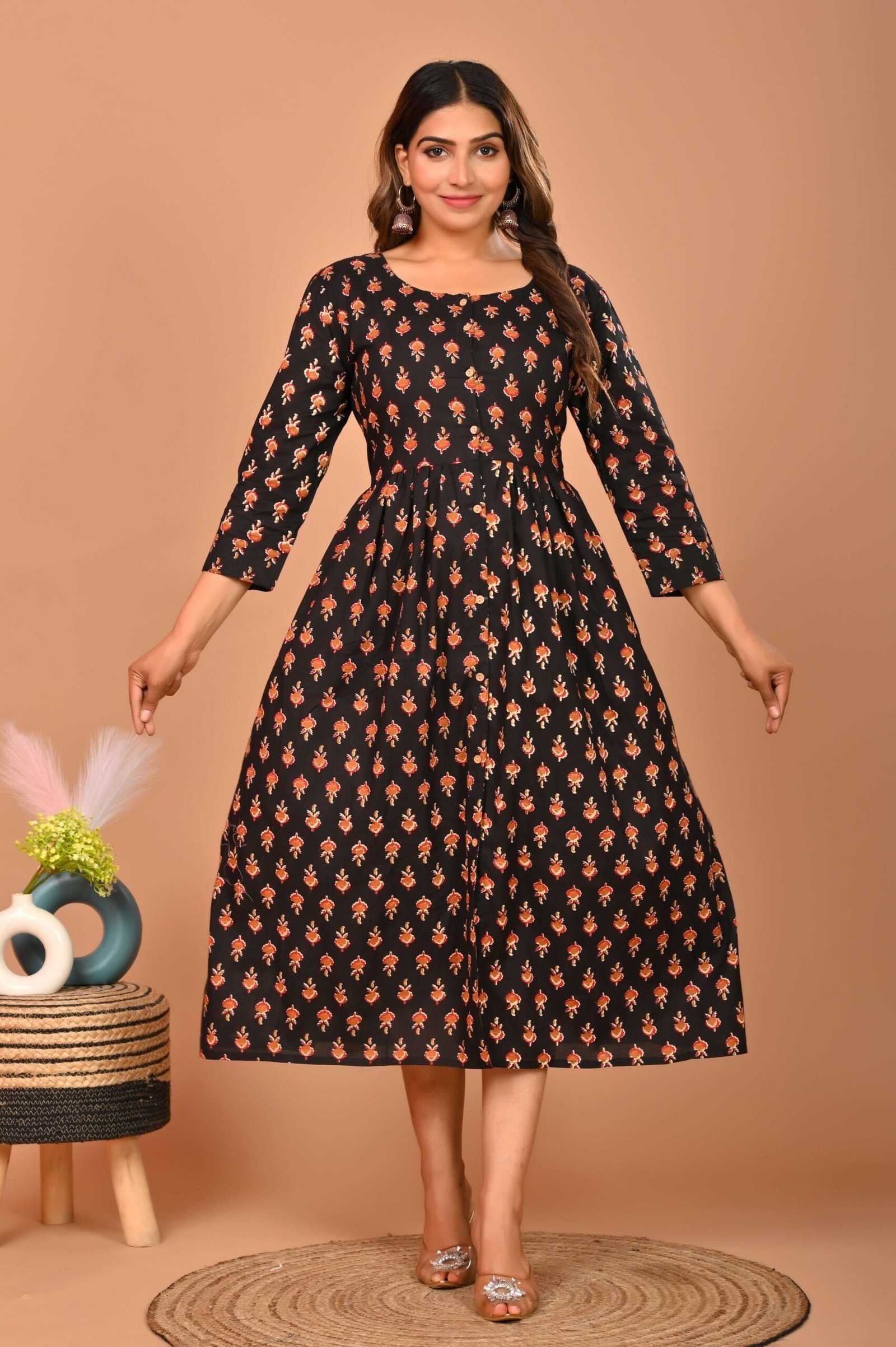 Black Floral Printed A-Line Midi Dress with 3/4th Sleeves ? Elegant Casual & Party Wear