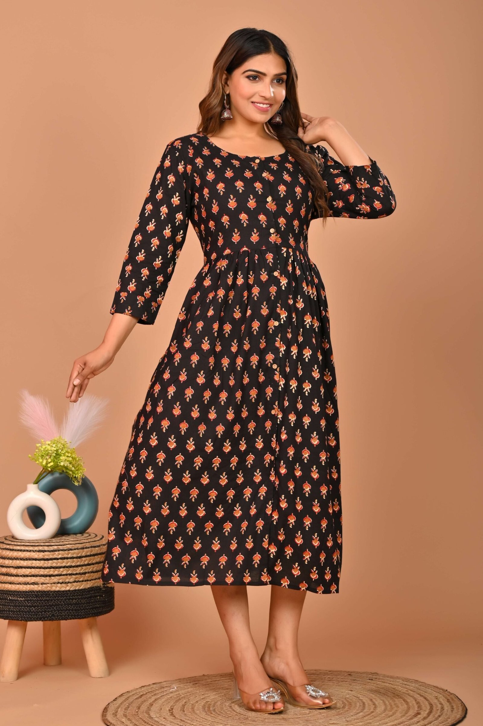 Black Floral Printed A-Line Midi Dress with 3/4th Sleeves ? Elegant Casual & Party Wear