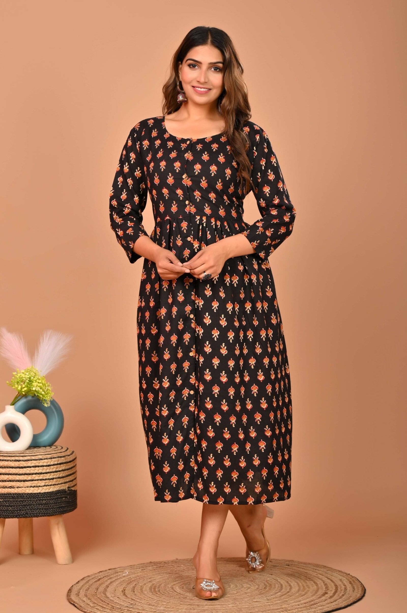 Black Floral Printed A-Line Midi Dress with 3/4th Sleeves ? Elegant Casual & Party Wear