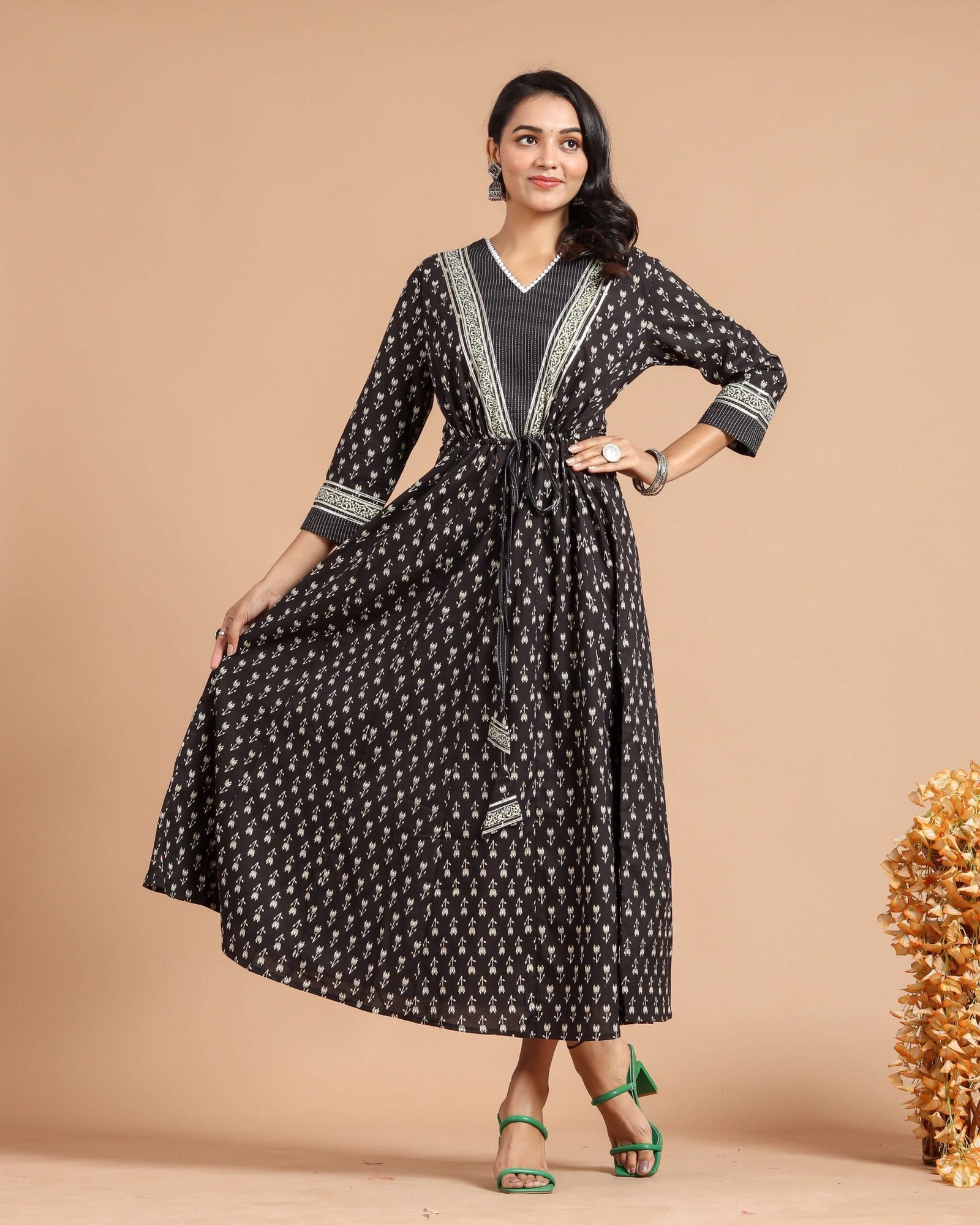 Black Printed Flared Maxi Dress with Waist Tie-Up & V-Neck
