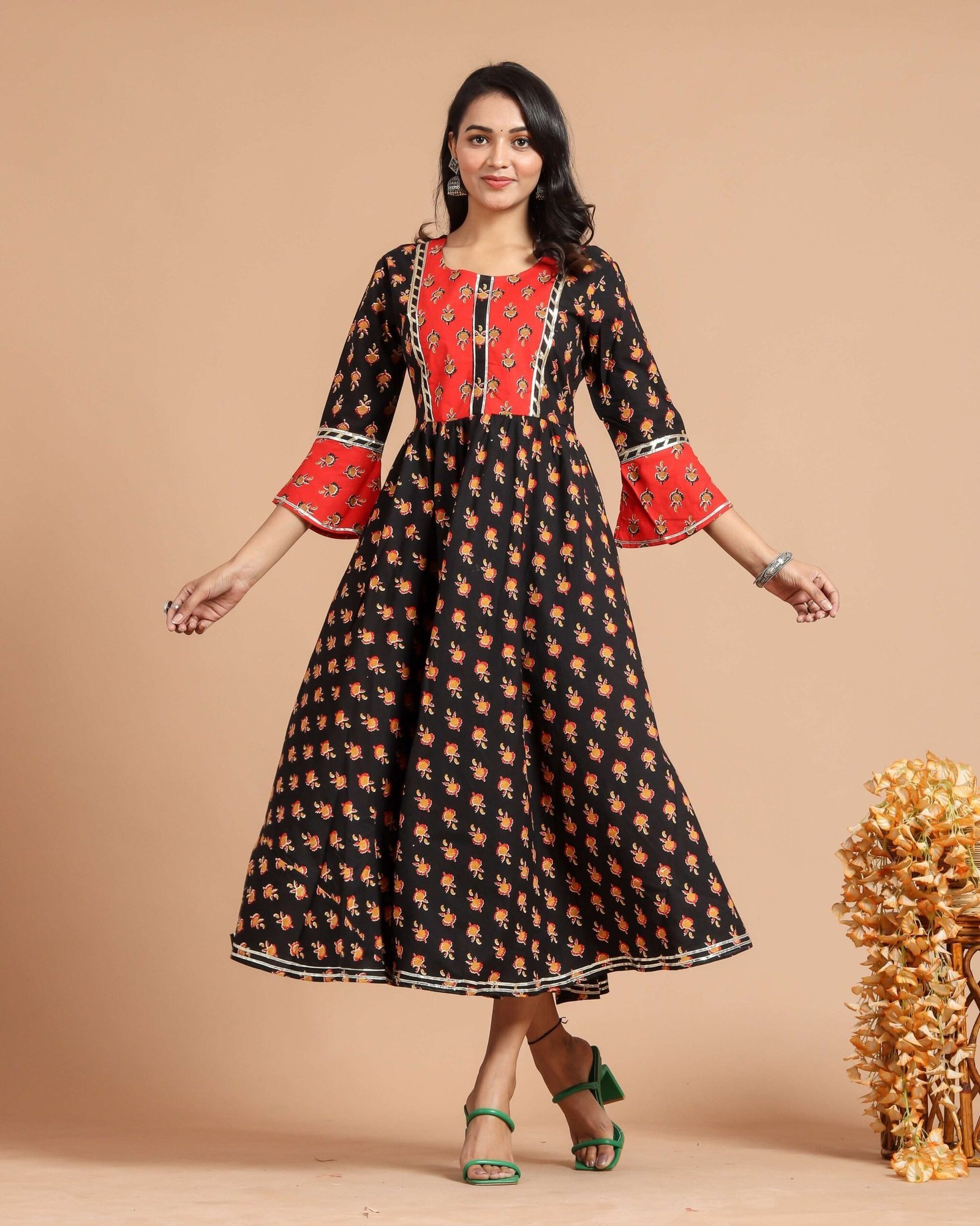 Black Red Printed Flared Maxi Dress with Bell Sleeves & Square Neck