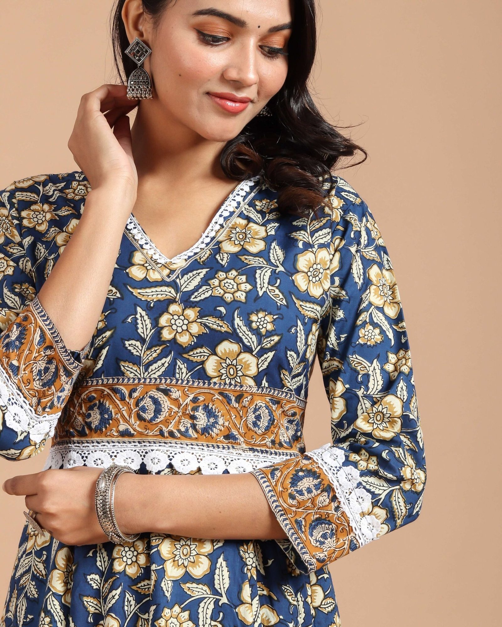 Blue Floral Anarkali Maxi Dress with Ethnic Border Detailing