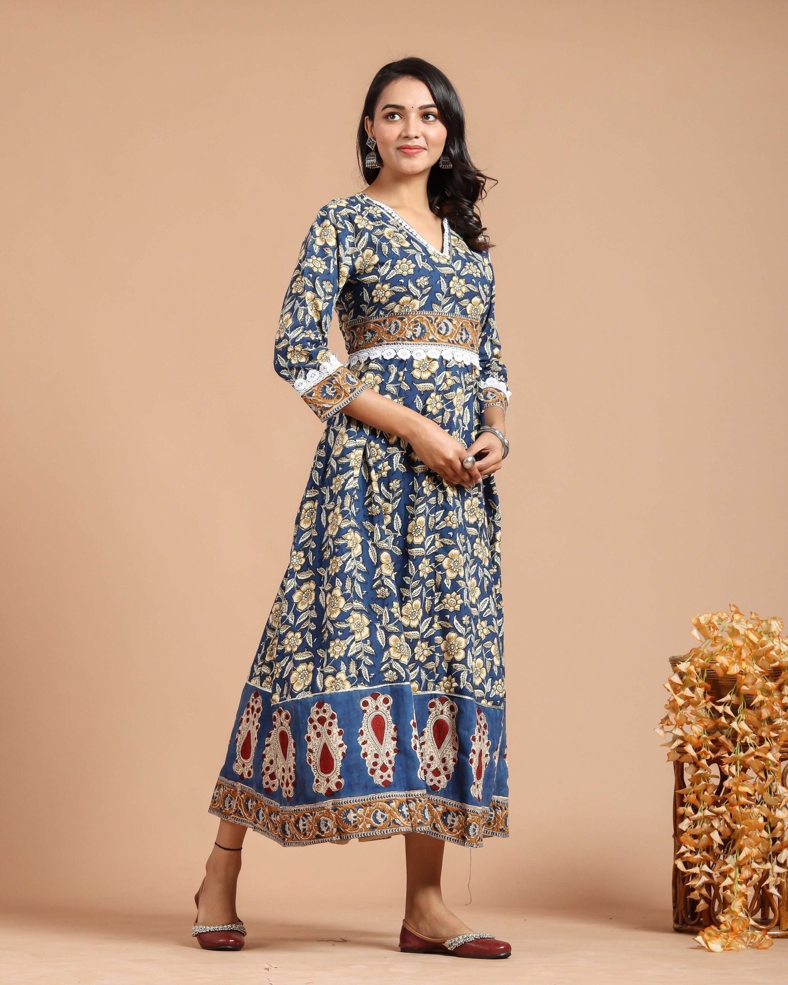 Blue Floral Anarkali Maxi Dress with Ethnic Border Detailing