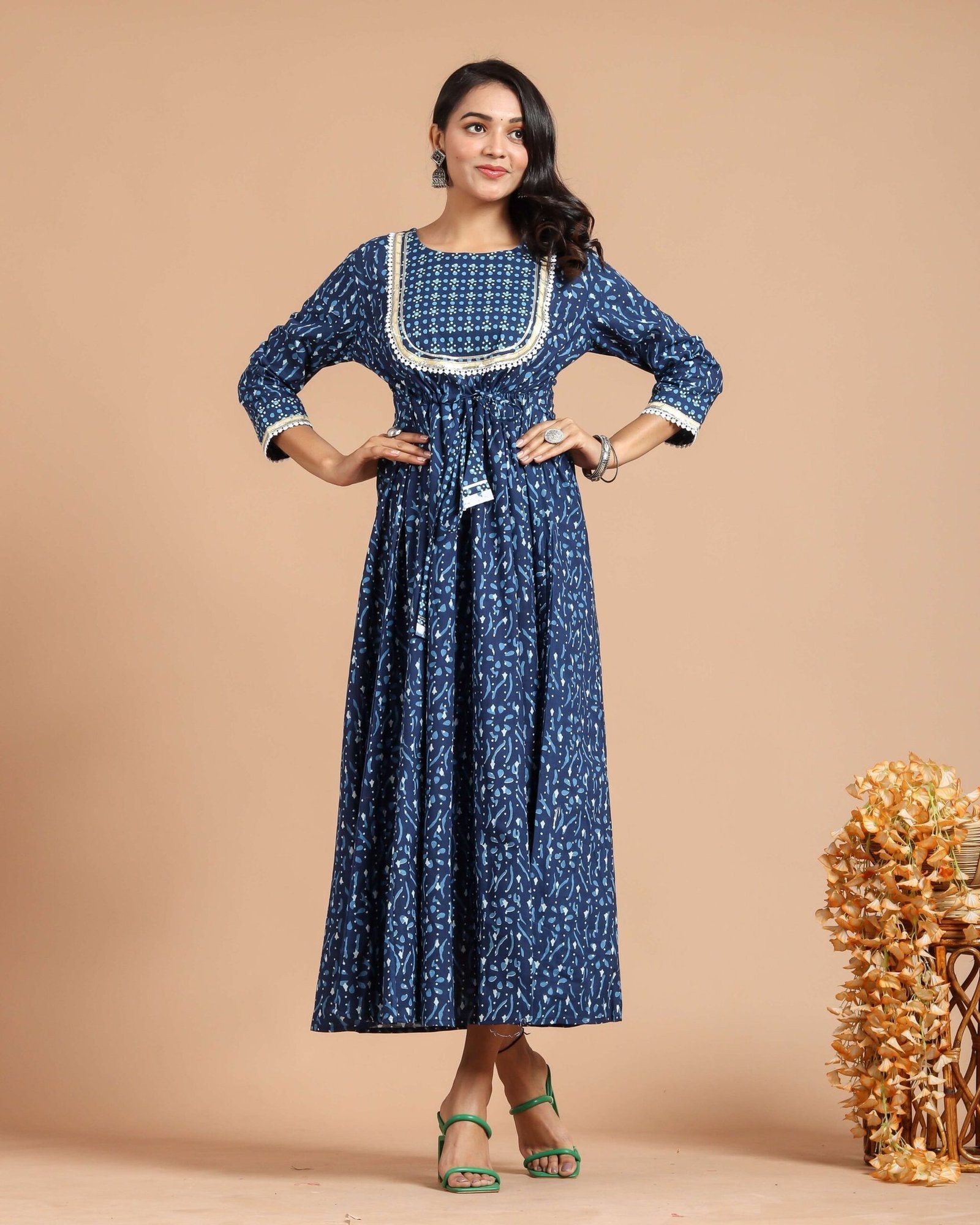 Blue Printed Maxi Dress with Lace Detailing & Waist Tie-Up