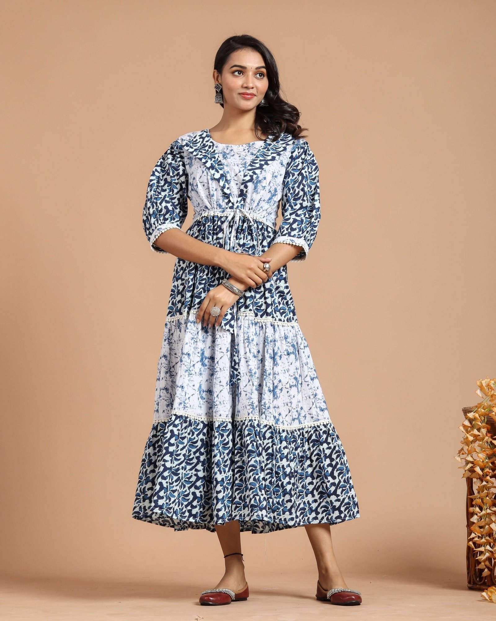 Blue & White Tiered Maxi Dress with Puff Sleeves and Tie-Up Waist