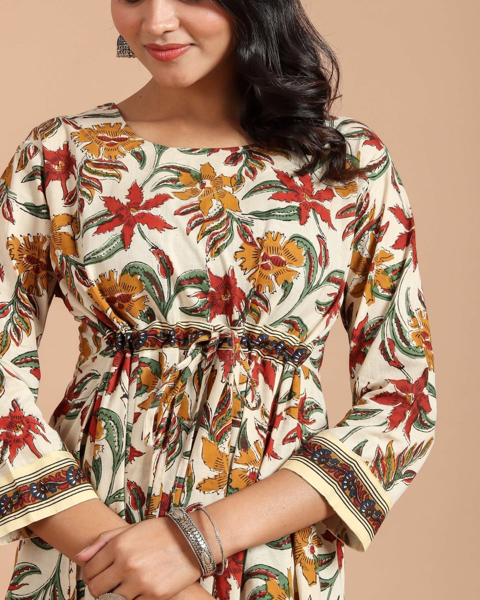 Cream Floral Printed Maxi Dress with Drawstring Waist & 3/4th Sleeves