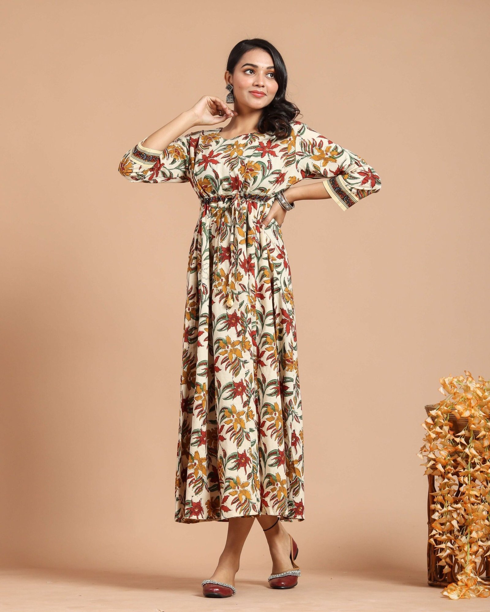 Cream Floral Printed Maxi Dress with Drawstring Waist & 3/4th Sleeves