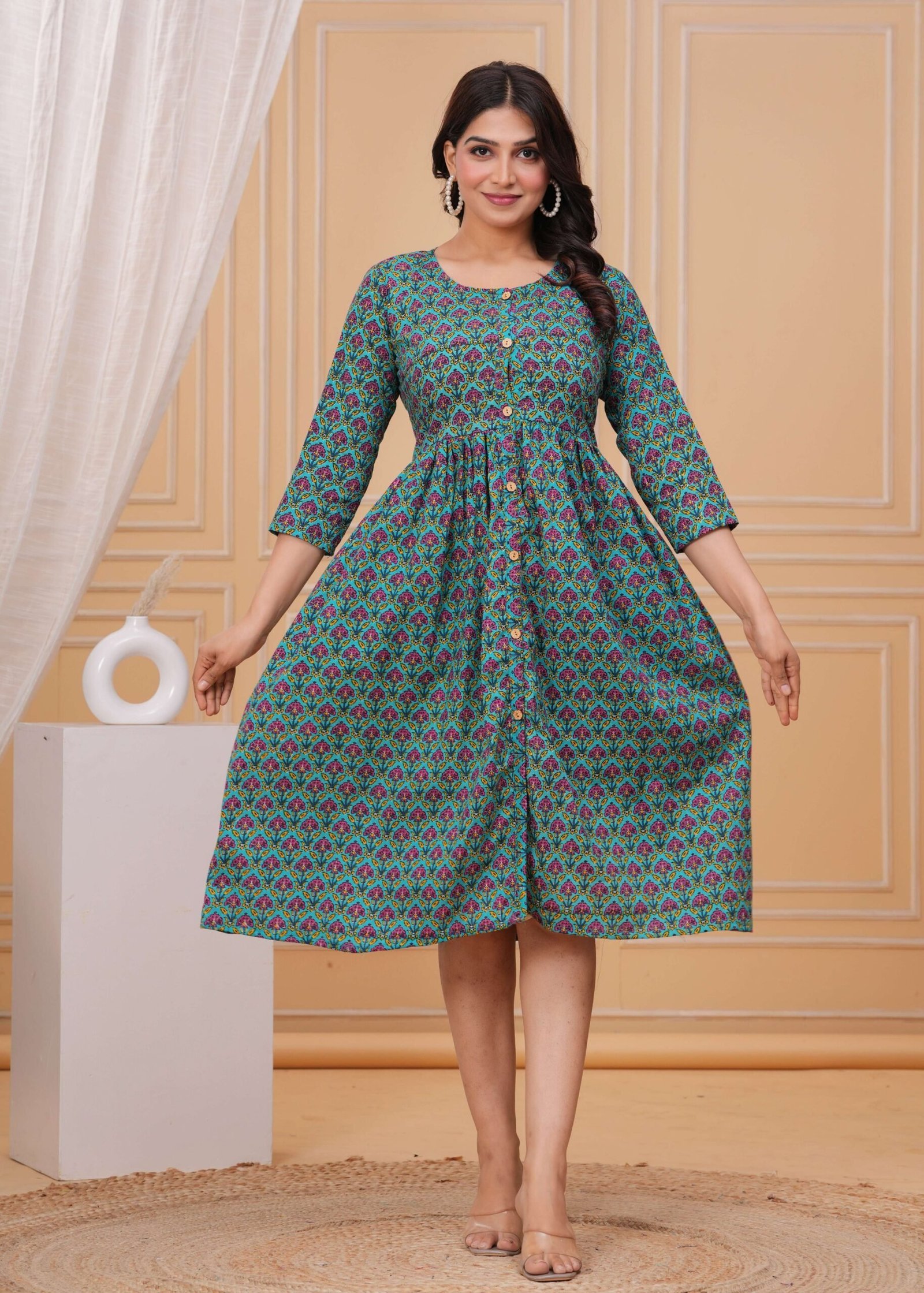 Green Printed A-Line Cotton Dress with Button-Down Front & 3/4th Sleeves