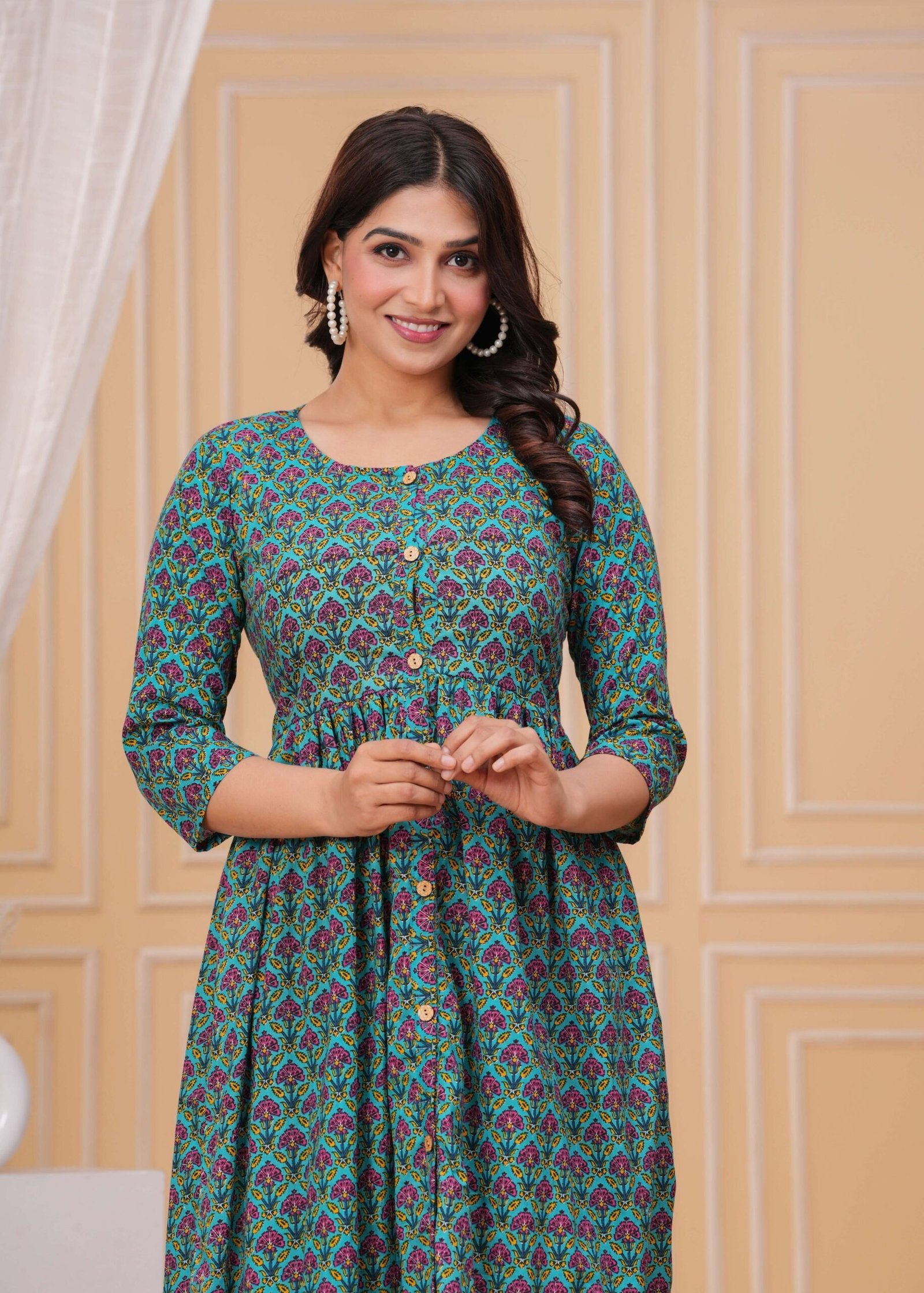 Green Printed A-Line Cotton Dress with Button-Down Front & 3/4th Sleeves
