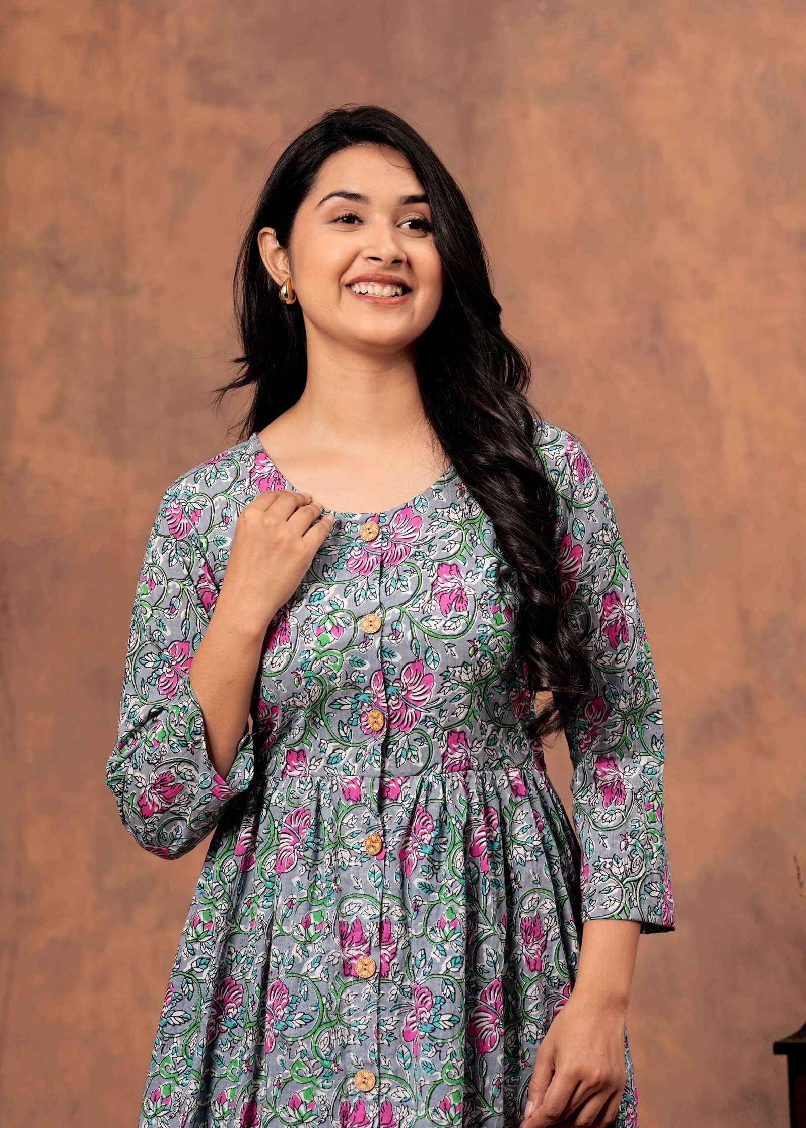 Grey & Pink Floral Printed Cotton Midi Dress with Button-Down Front