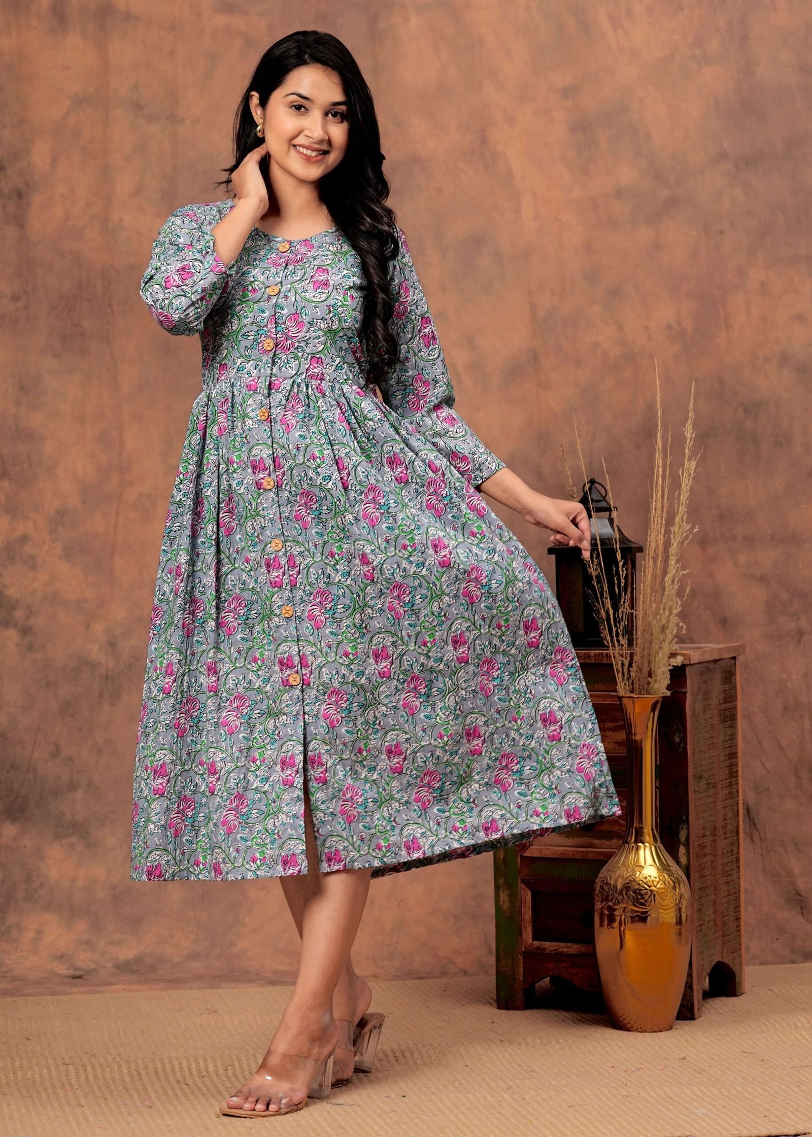 Grey & Pink Floral Printed Cotton Midi Dress with Button-Down Front