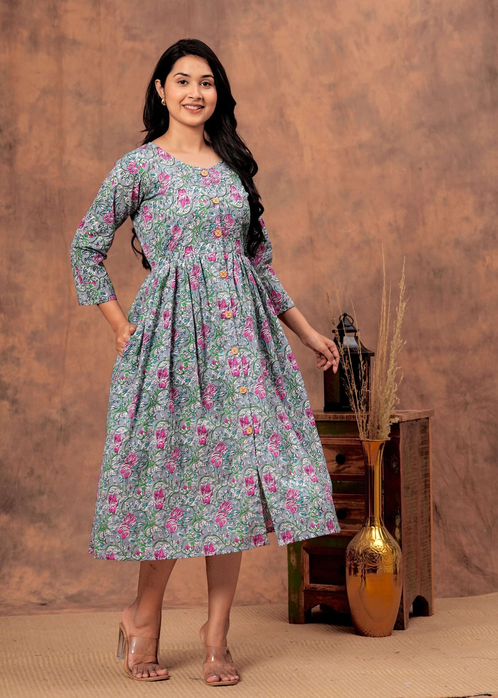 Grey & Pink Floral Printed Cotton Midi Dress with Button-Down Front