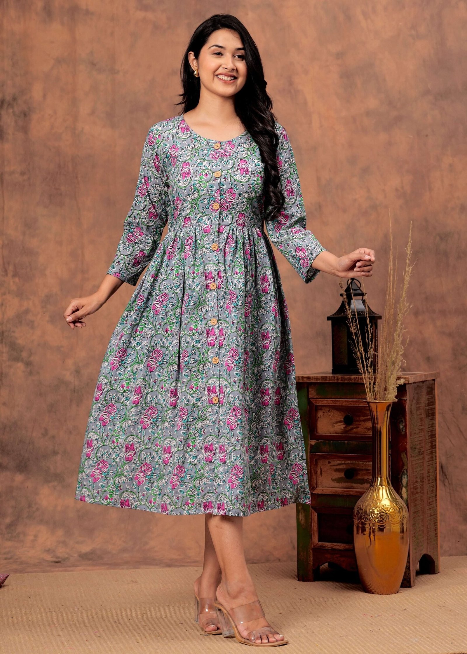 Grey & Pink Floral Printed Cotton Midi Dress with Button-Down Front