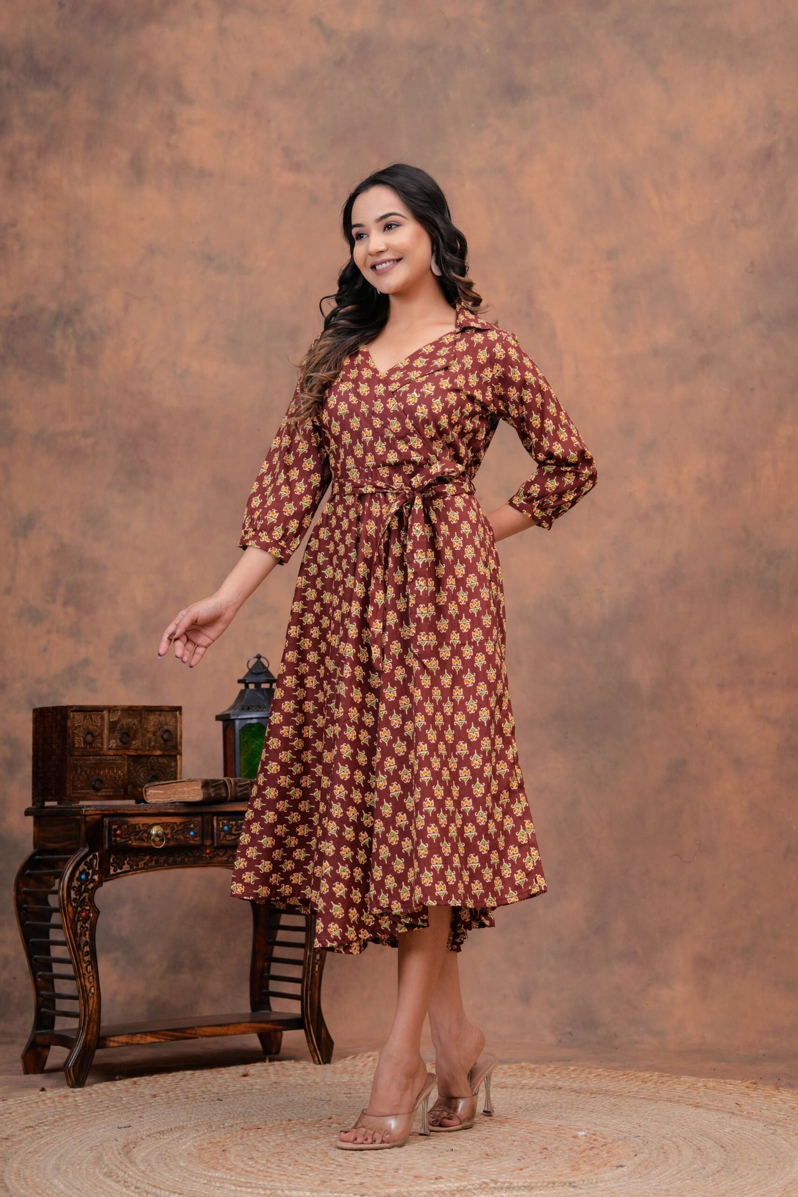 Maroon Floral Printed Cotton Midi Dress with Button-Down Front